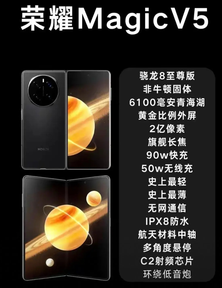 荣耀MagicV5配置汇总。外形设计变化不大，大家参考荣耀MagicV3，