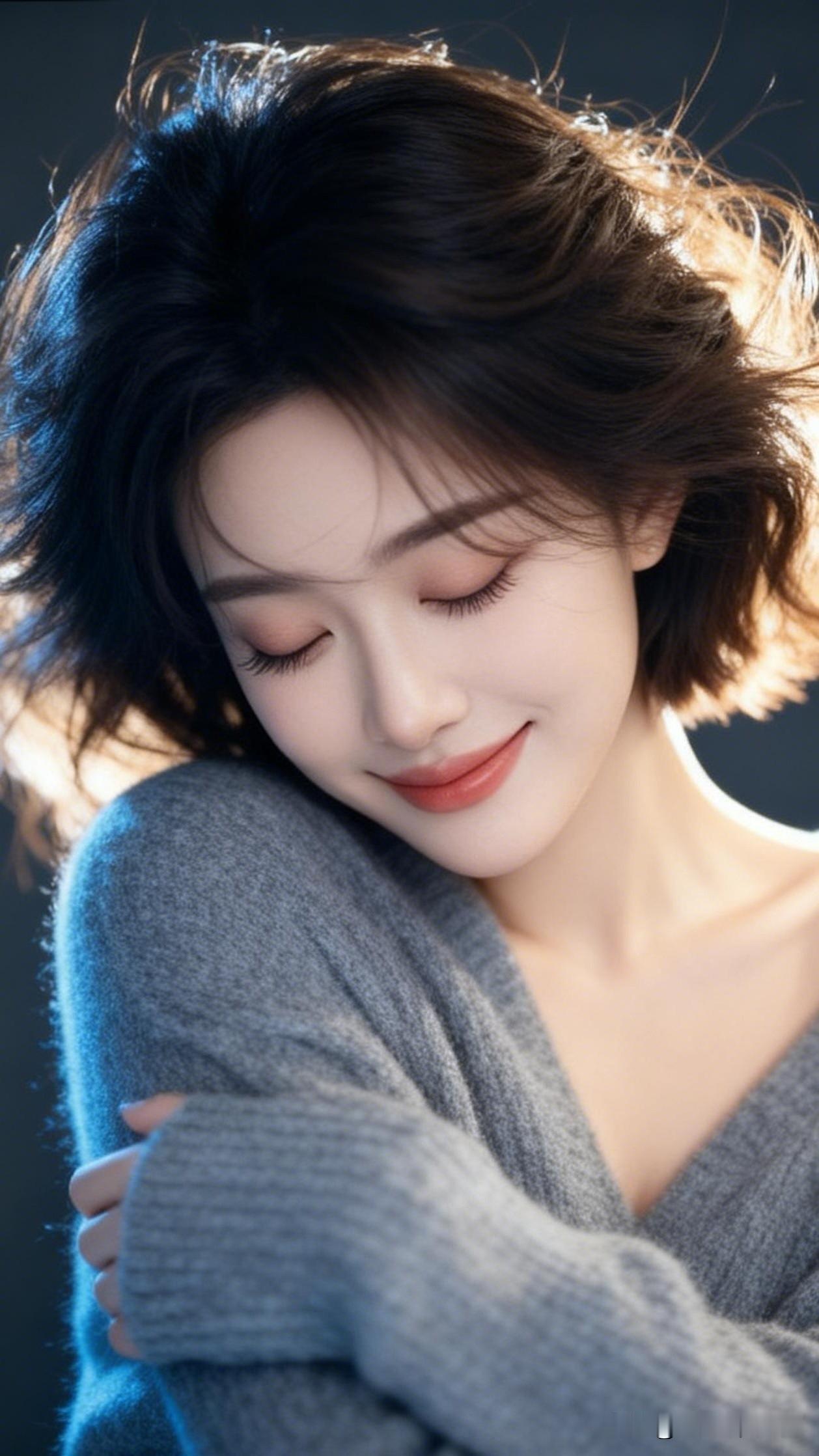 闭目含笑，心静如水。美女究竟能有多美温柔的笑容，暖心的拥抱，感受冬日里的温暖。