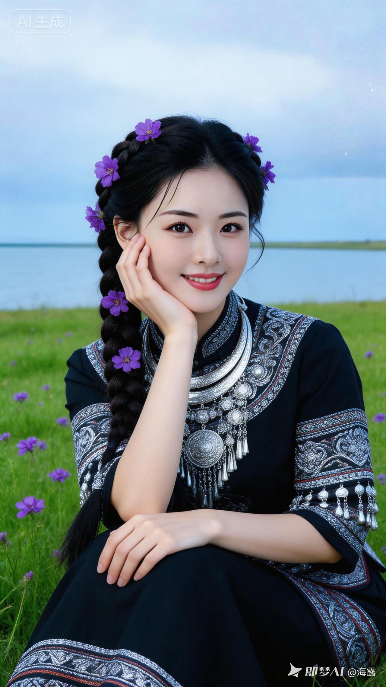 在湖边，感受自然之美，黑衣少女与花海相映成趣。