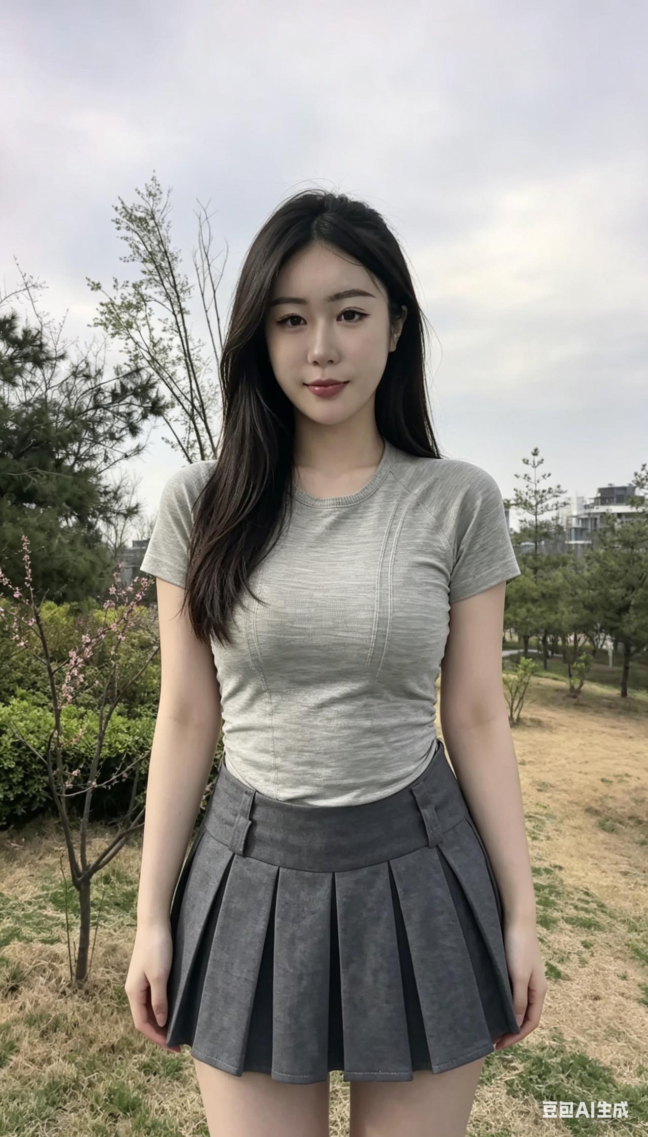 百褶裙扬起的弧度是青春最温柔的弧度灰色T恤包裹的，是最鲜活的灵魂你走过花树