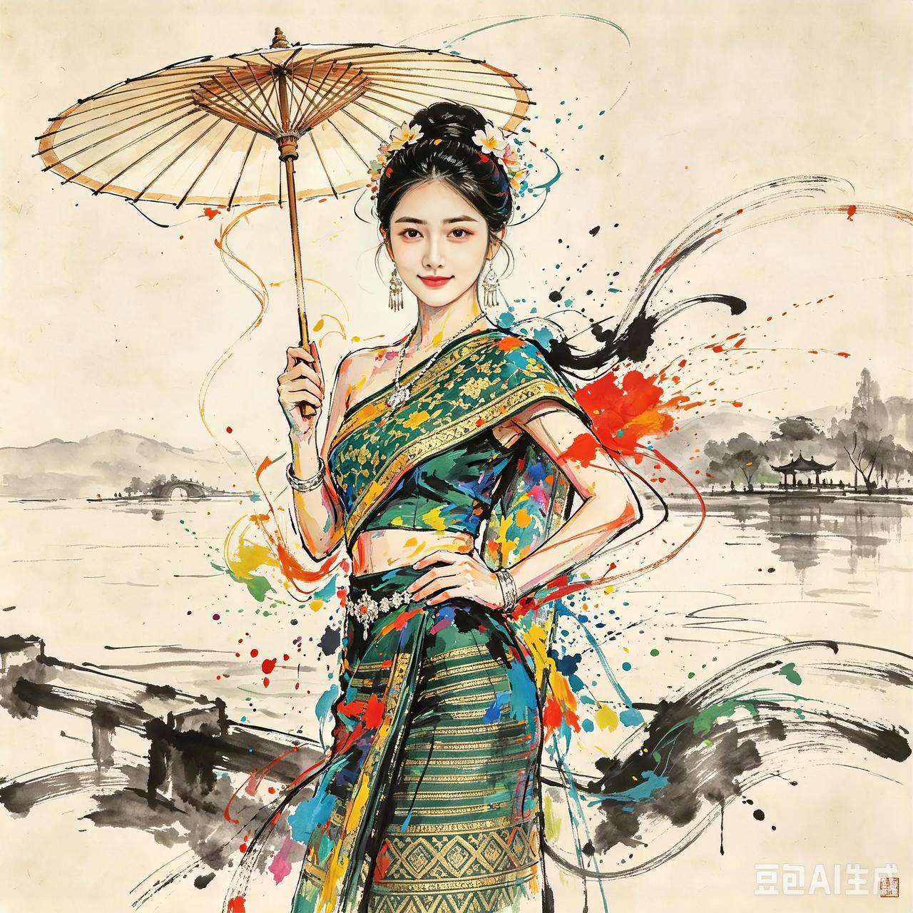 画中美女的一颦一笑都如此动人，仿佛是活生生的人在画中游走，让人陶醉其中。插画