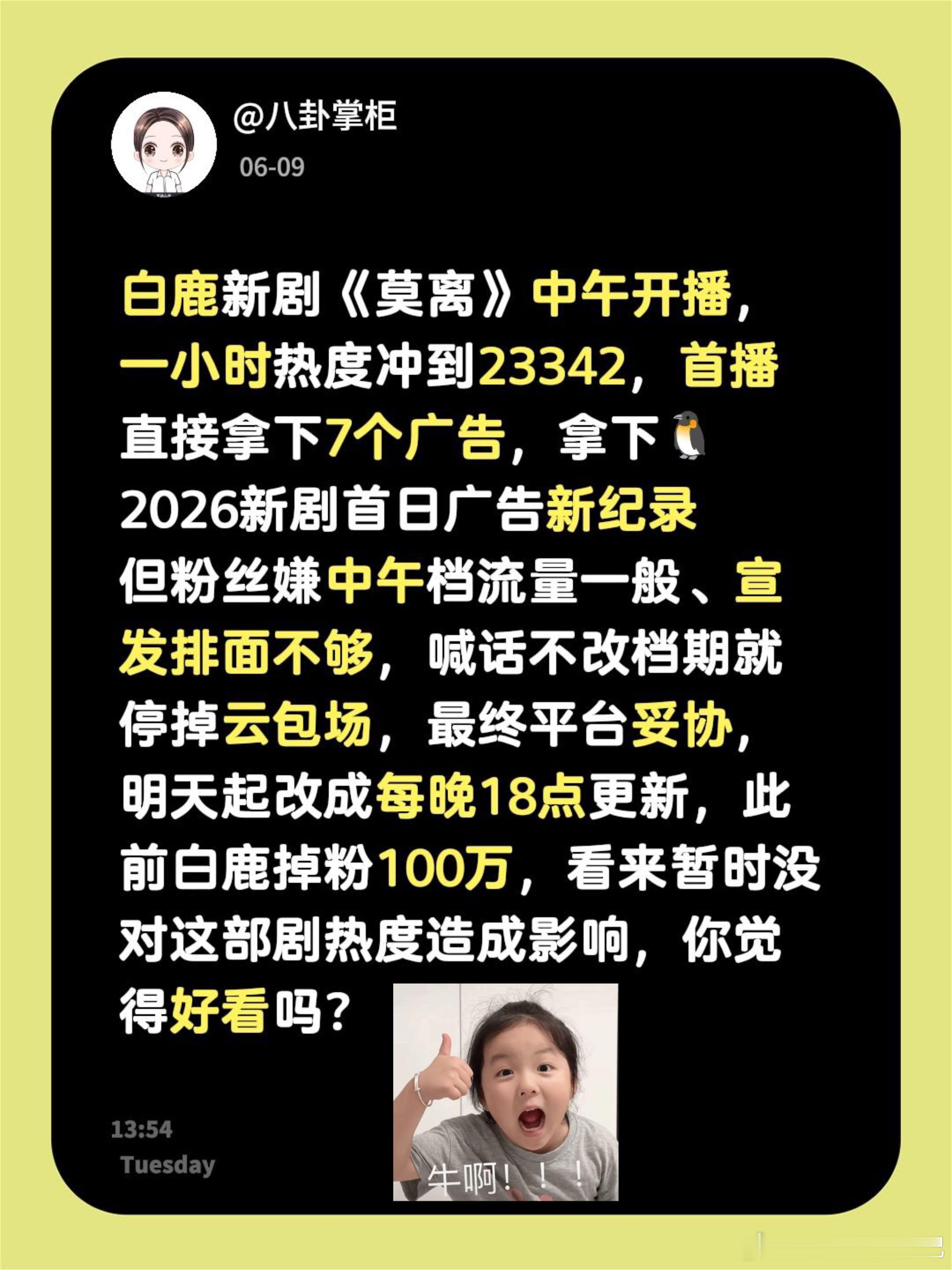 白鹿莫离走势白鹿新剧开播直接破纪录。白鹿新剧《莫离》中午开播，一小时热度冲到23