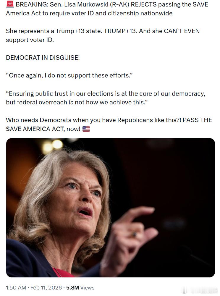 共和党参议员丽莎·默科斯基拒绝推动《拯救美国法案》，要求全美范围内实施选民身份证