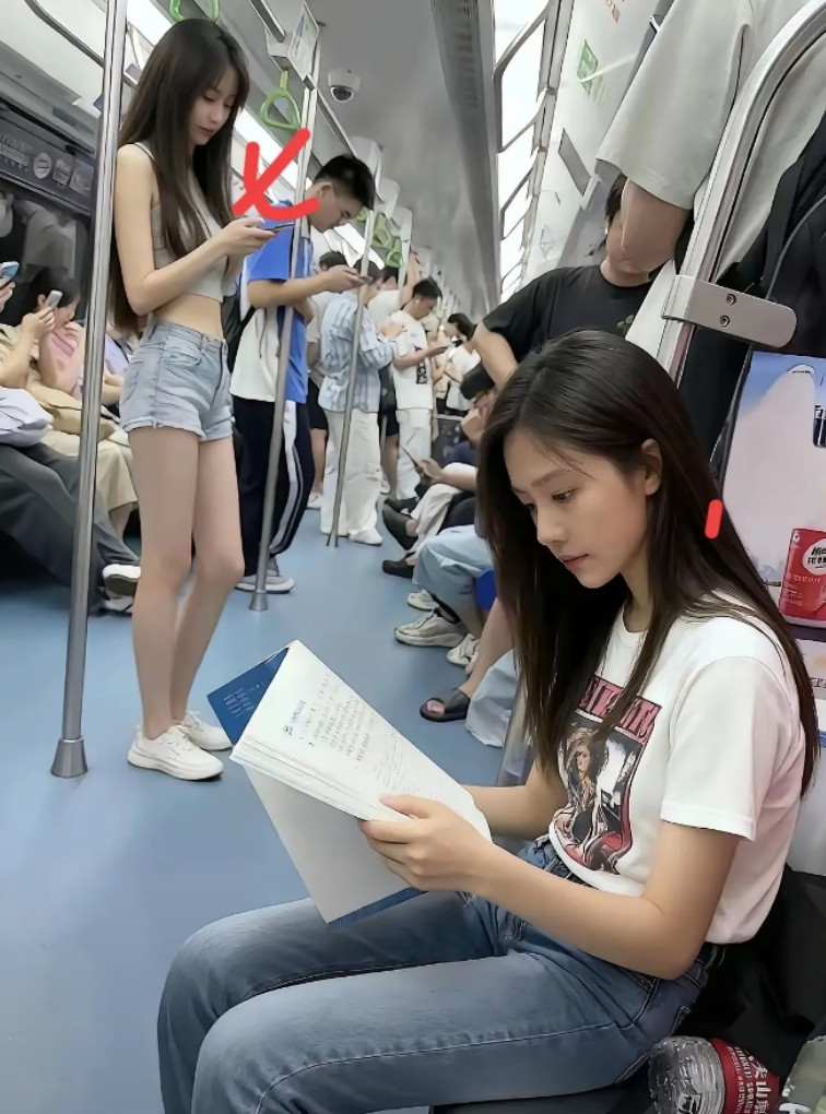 地铁上拍的，一个看书的，一个玩手机的，你喜欢哪一个？