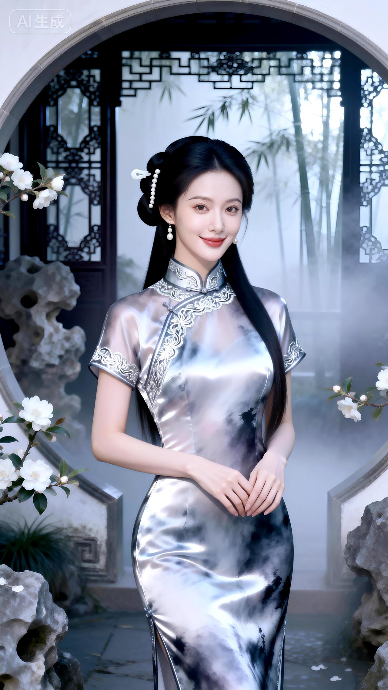 月洞门边花影瘦，一袭水墨染春烟。壁纸写真古风汉服清新养眼的绿色壁纸