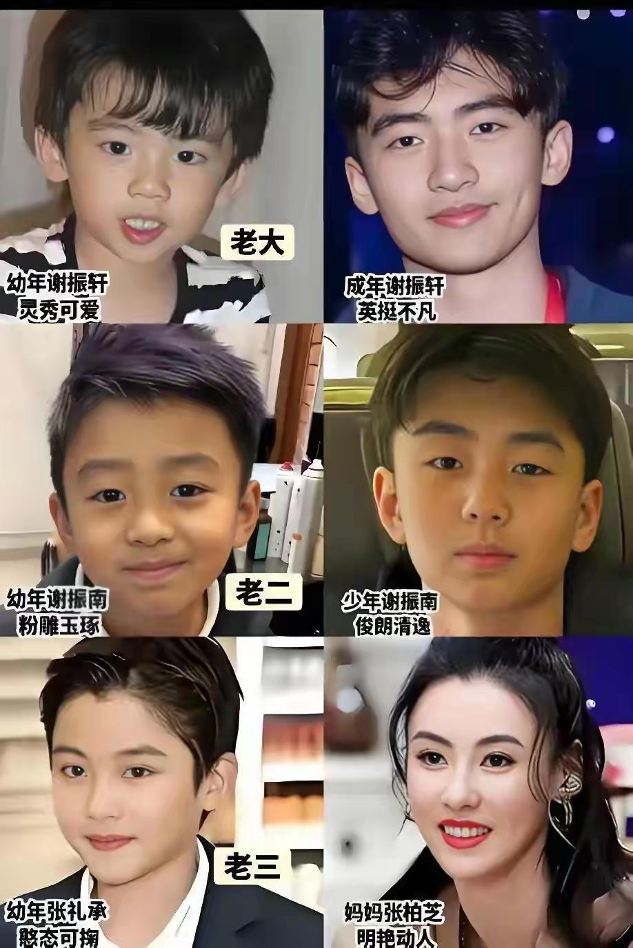 老大稳重白净，老二长得皮肤黑像谢霆锋，老三长得最帅，颜值最高像妈妈