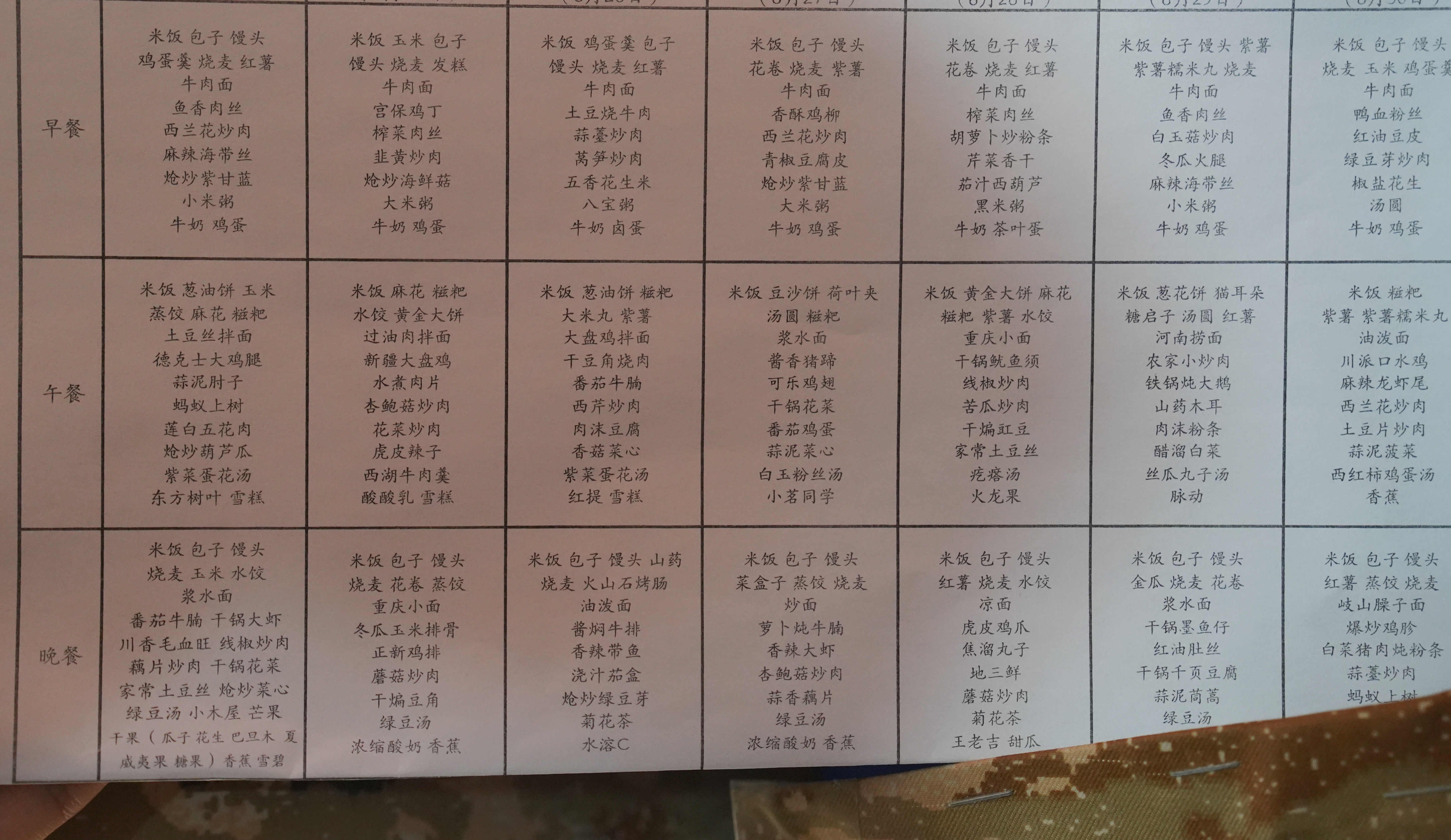 部队驻训食谱，你想周几过来阿克苏