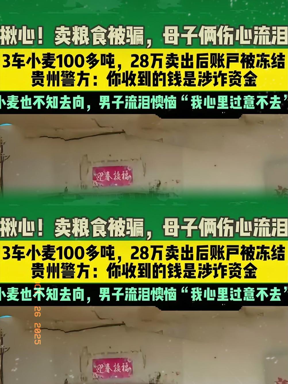 河南母子卖粮被骗三车麦子100吨,卖了28万。钱打到卡里后被警方冻结。说这涉及诈