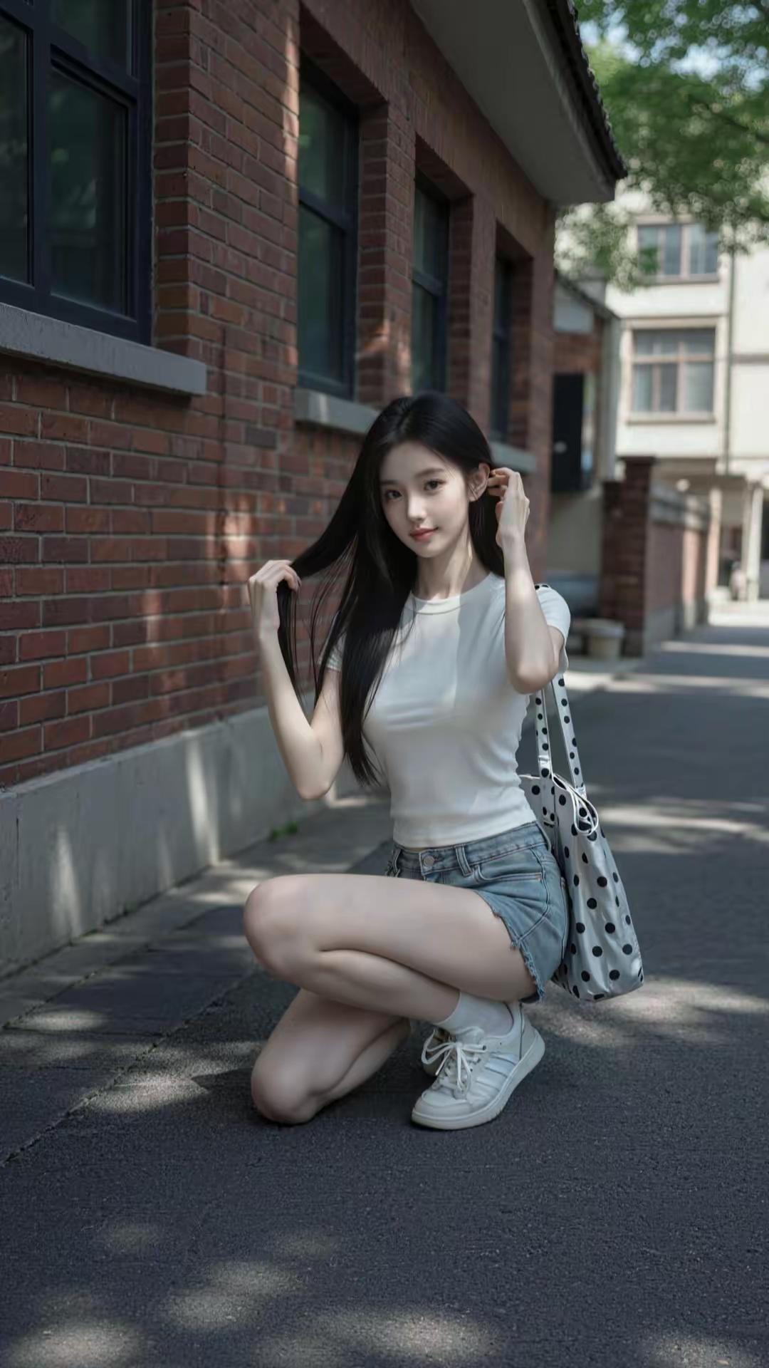 阳光下的红砖墙美女，