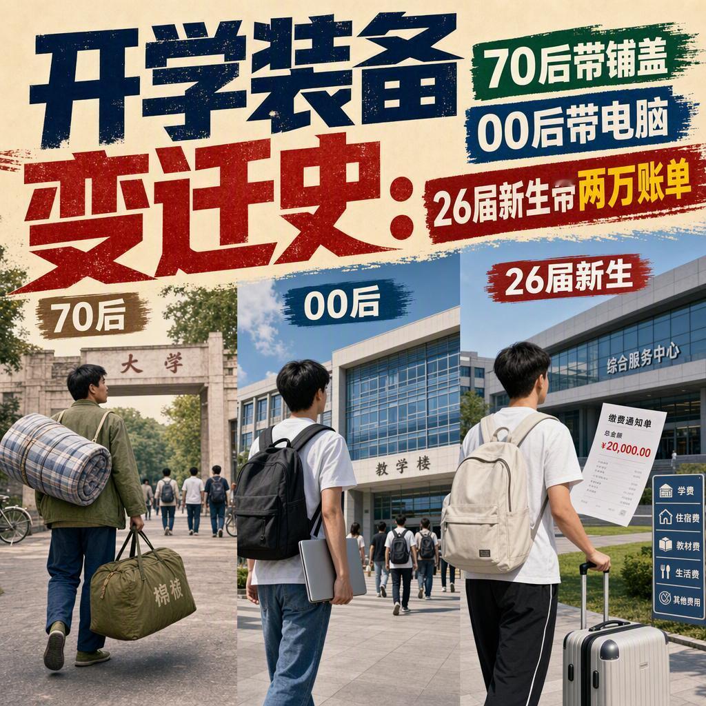 一床棉被、一台电脑、两万元账单，这就是三代人开学行囊的真实差距。70后背着铺盖