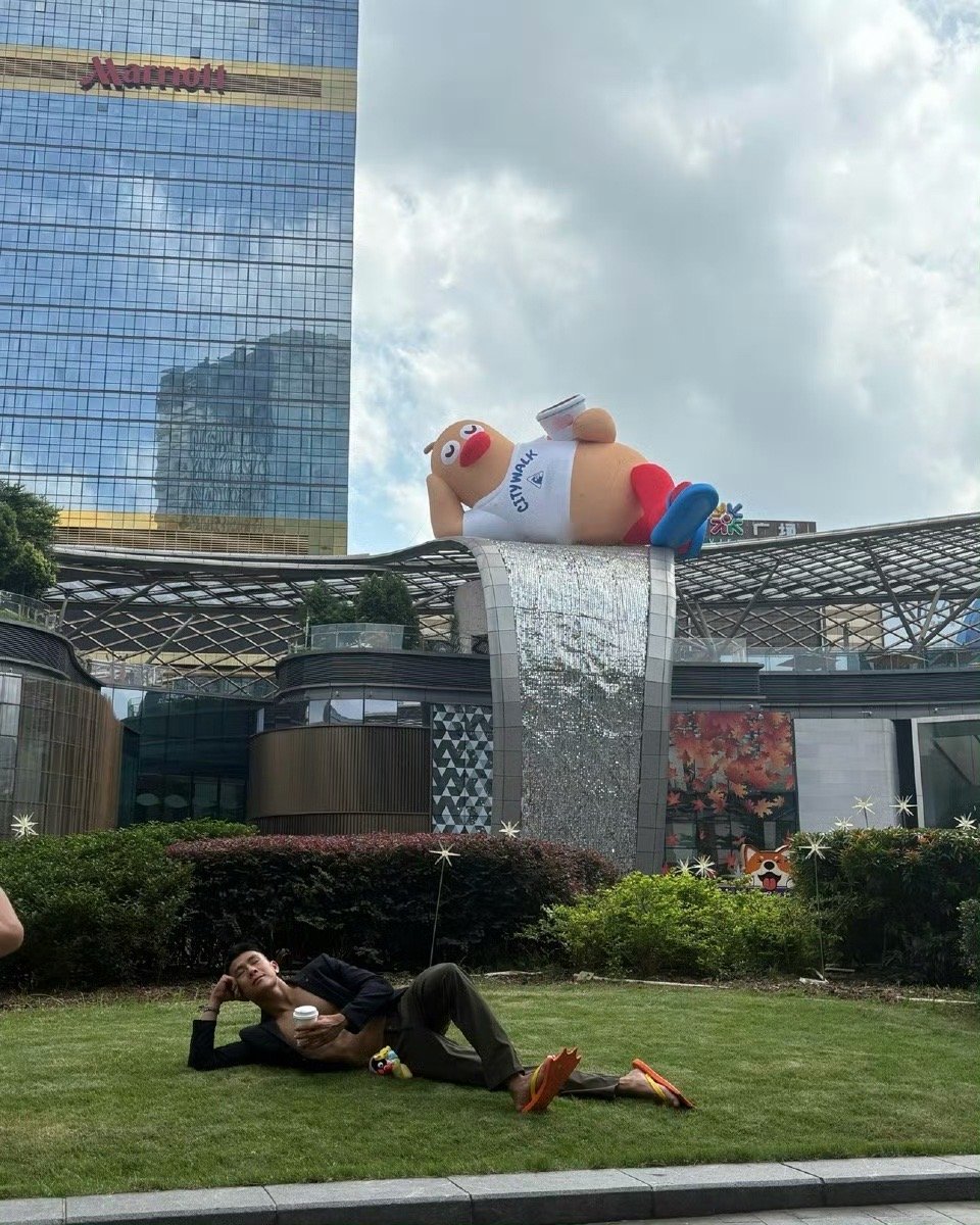 坐在工位看不得这么悠闲的鸭看到这只躺平鸭直接破防！它在市中心喝咖啡晒太阳，我在