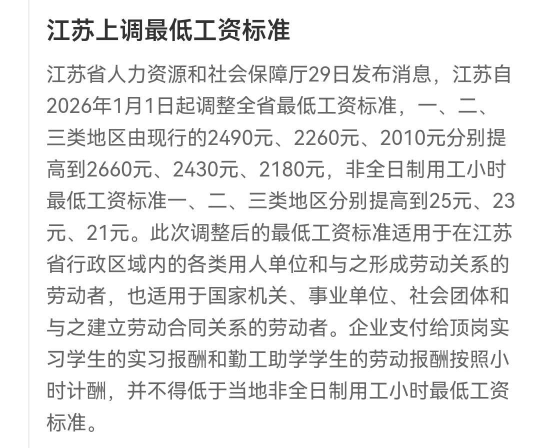 江苏2026上调最低工资标准，最好可以到2660元每月，比上海最低工资2740只