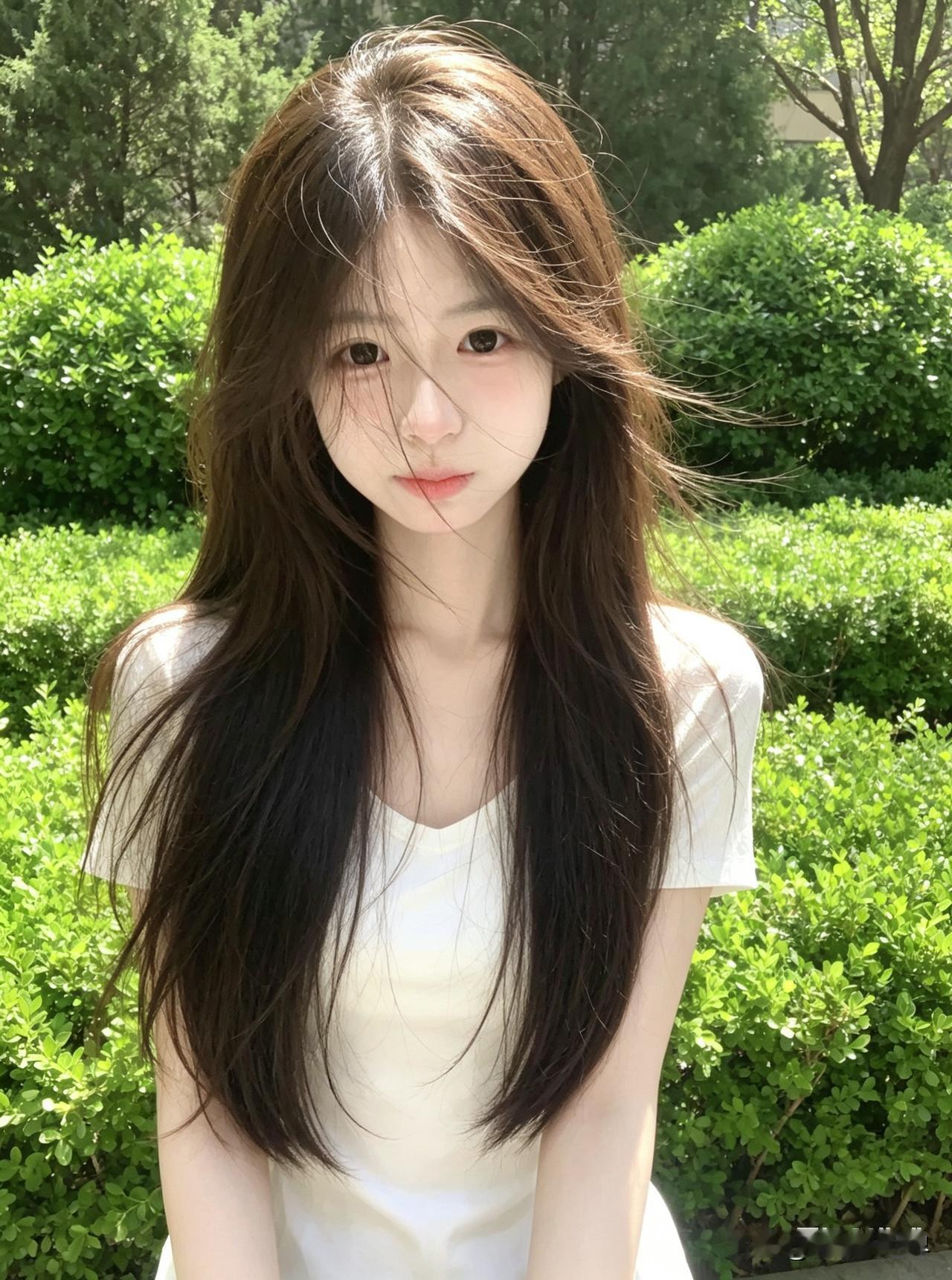 阳光下的甜美少女，绿意盎然的背景，清新自然的美阳光白裙少女甜系少女照