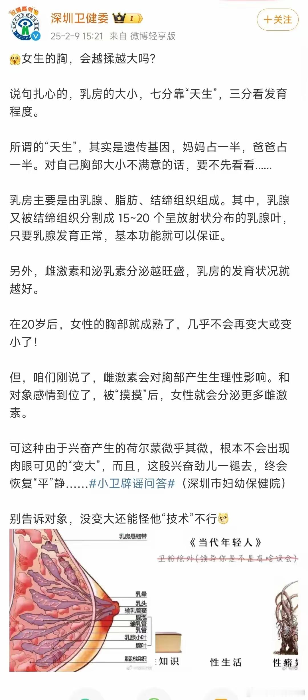 深圳卫健委回答了大家都很关心的一个问题，那就是“女生的胸，会越揉越大吗？”[允悲