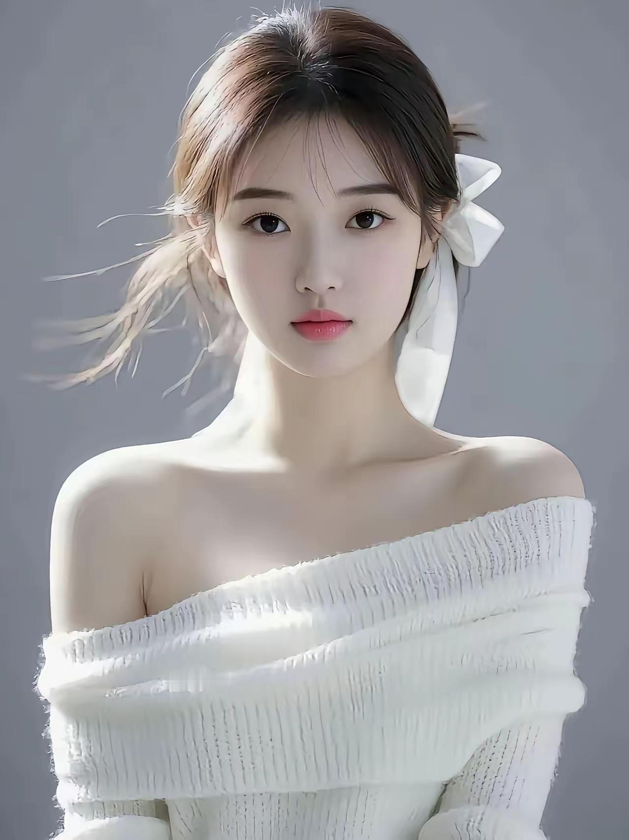 温柔甜美的少女，白色蝴蝶结发饰，优雅动人。