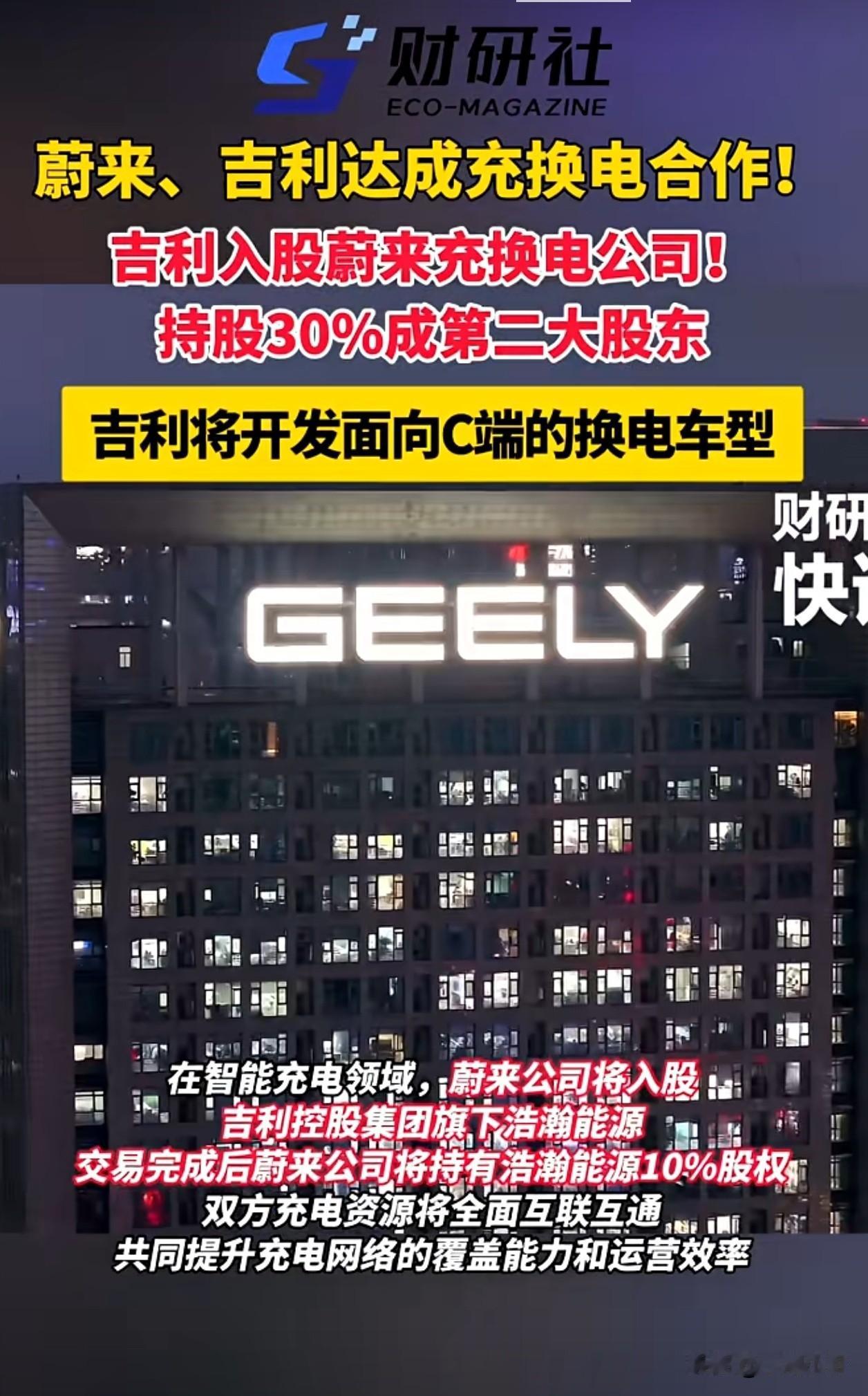 这会新能源汽车总算放大招了！吉利汽车入股蔚来换电公司，持股30%成第二大股东。同