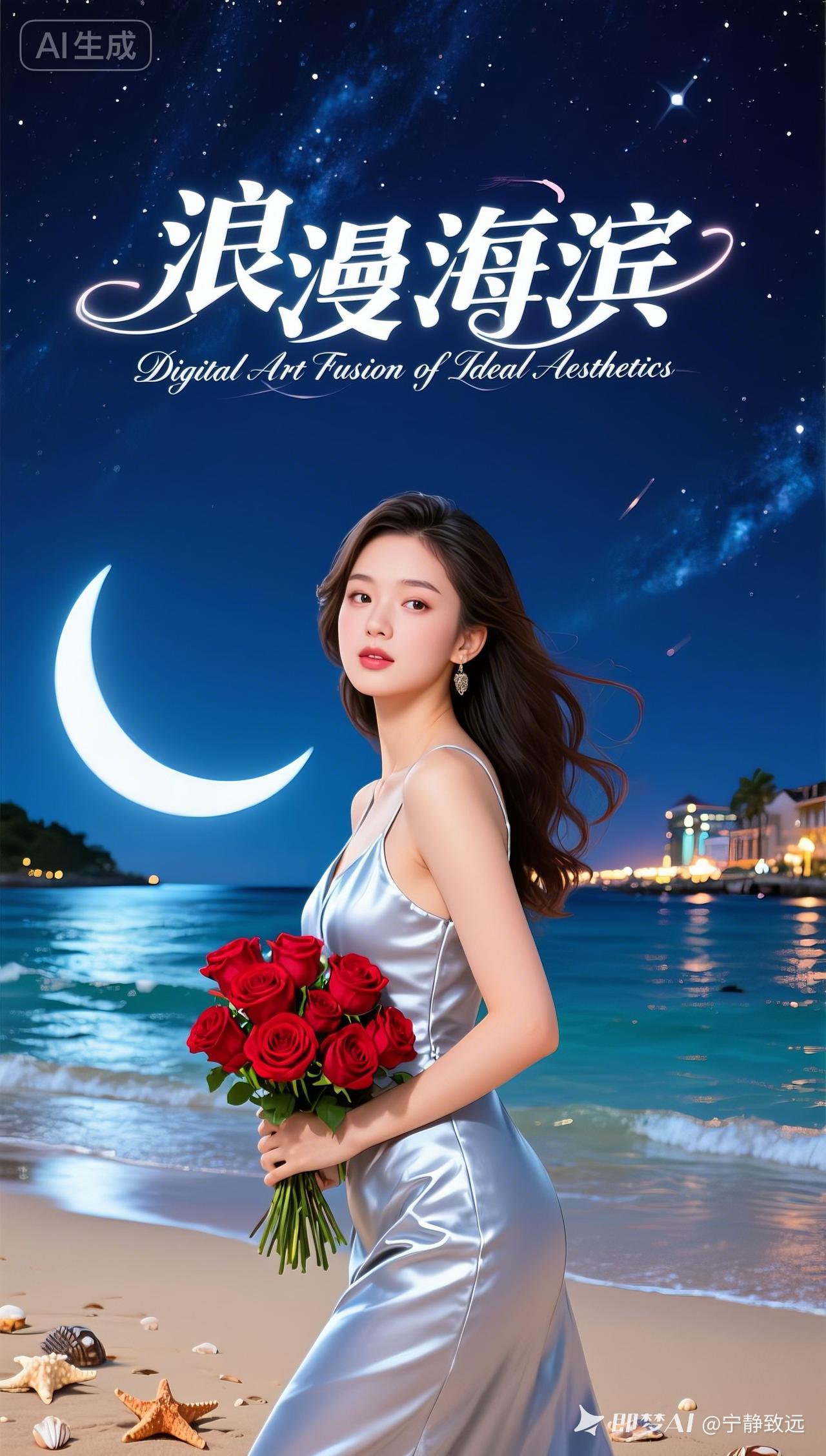 弯月夜空悬于天际，海滨沙滩映着远山城镇灯火，银白晚礼服佳人漫步滩涂。红玫瑰绽于海