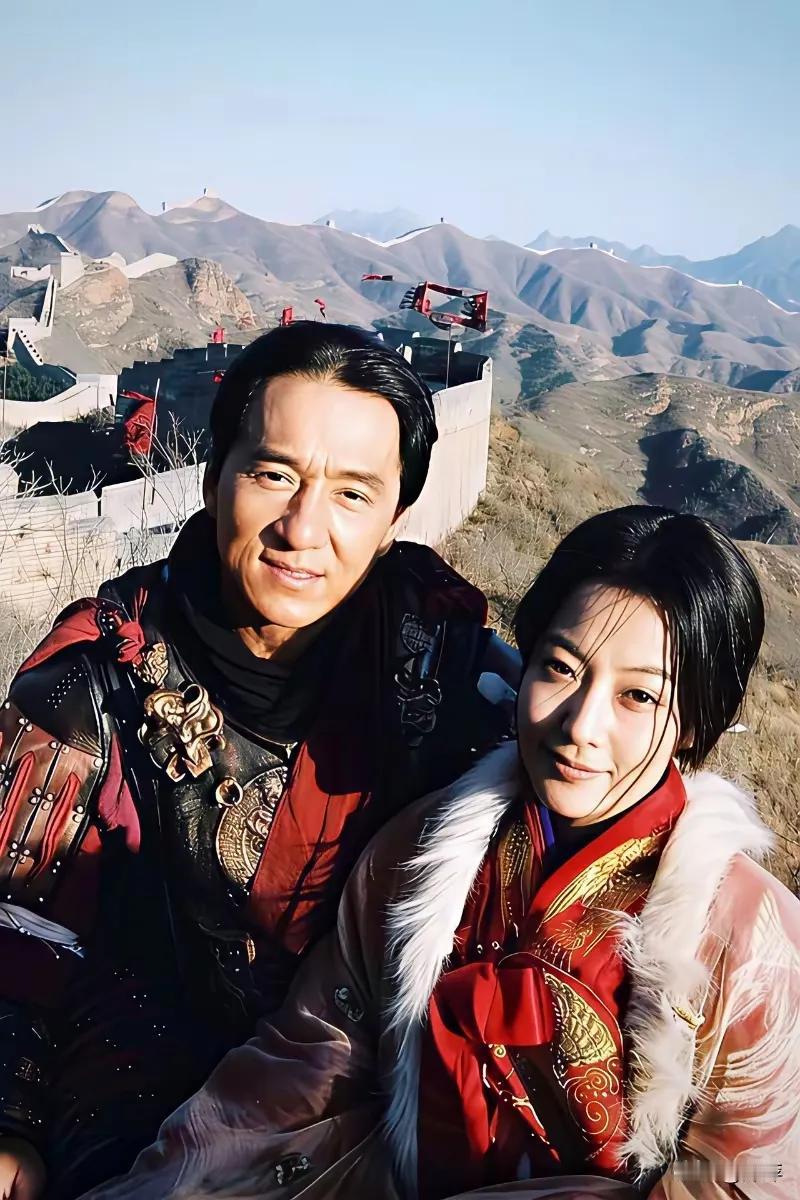 这是当年成龙和金喜善，在拍片空闲期间，在长城上的合影。这时候的成龙看上去非常年轻