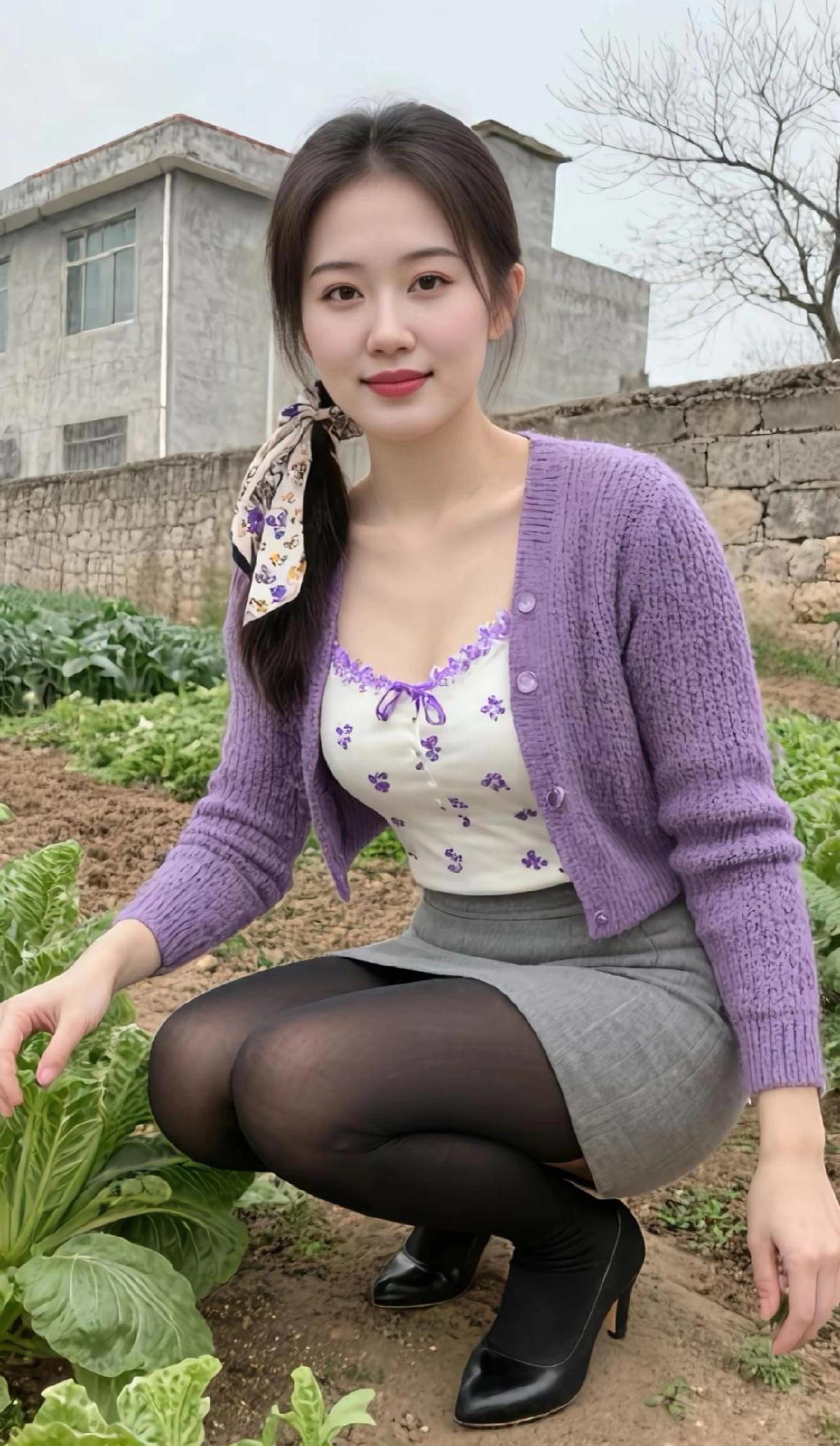 姐姐蹲在菜畦间，美得清新脱俗！淡紫针织开衫软糯温柔，搭白色碎花吊带，甜美又雅致。