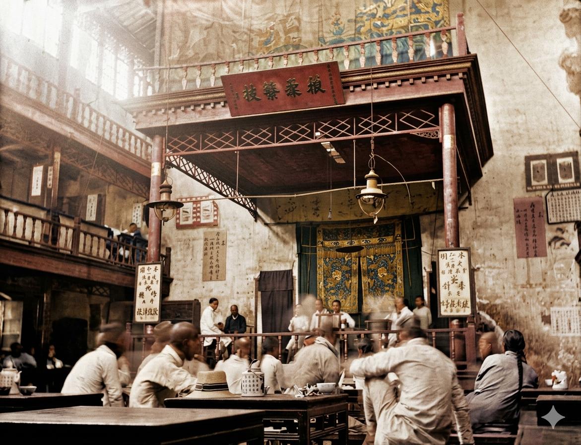 清末，北京老式戏园子内，戏台的煤气灯亮着，池座里的观众围坐桌旁，桌上摆着茶壶、茶