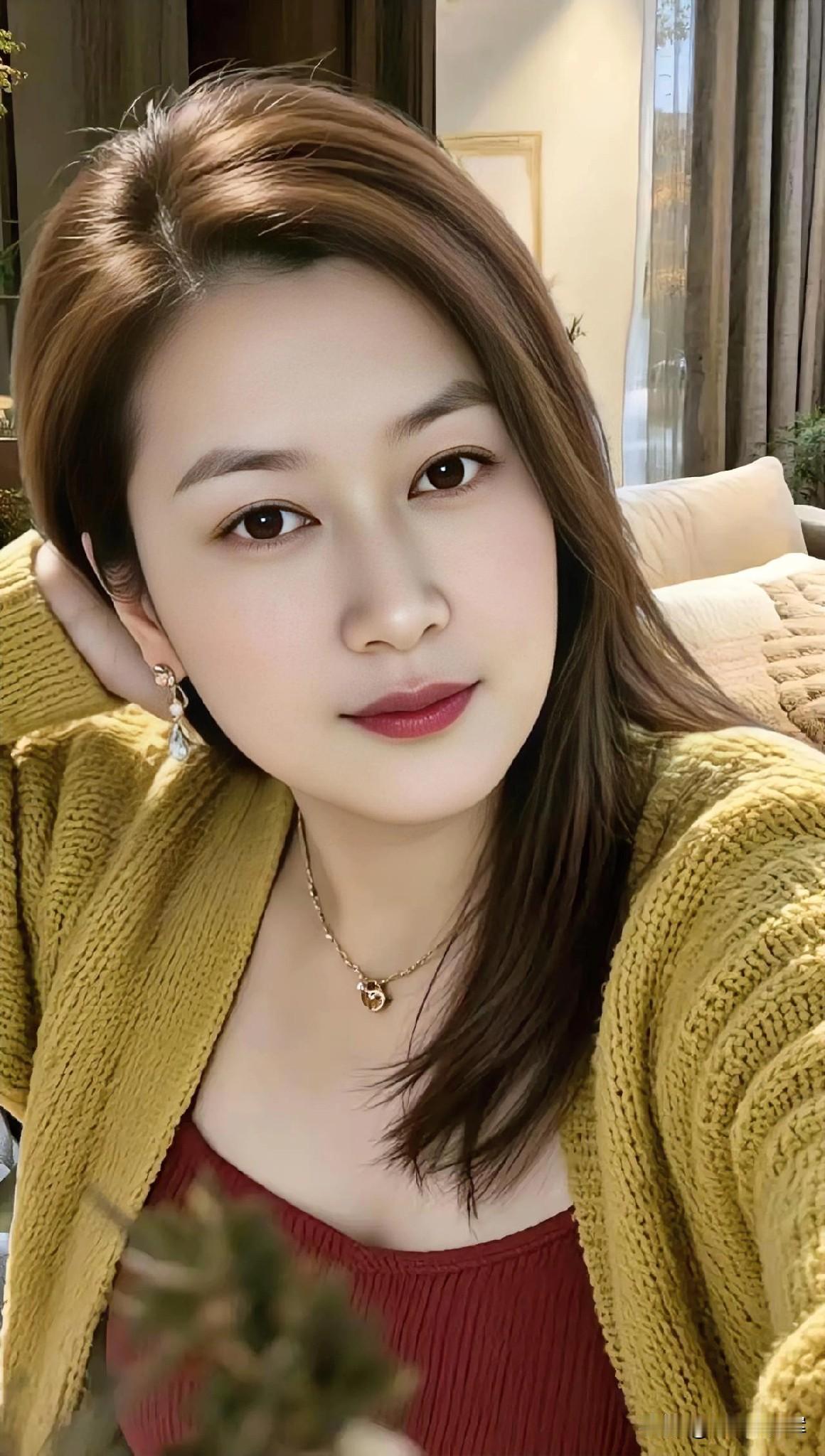 黄衫裹住暖意，红内搭藏温柔。发丝垂落如瀑，笑意漾开眉眼。珍珠耳畔