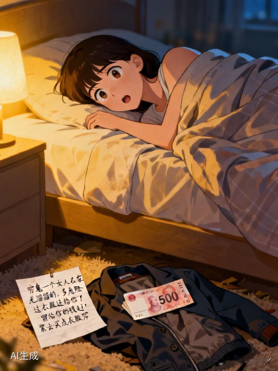 一个女子晚上睡觉忘了关门。早上醒来，她发现身上盖着件男人的外套，外套上还有500
