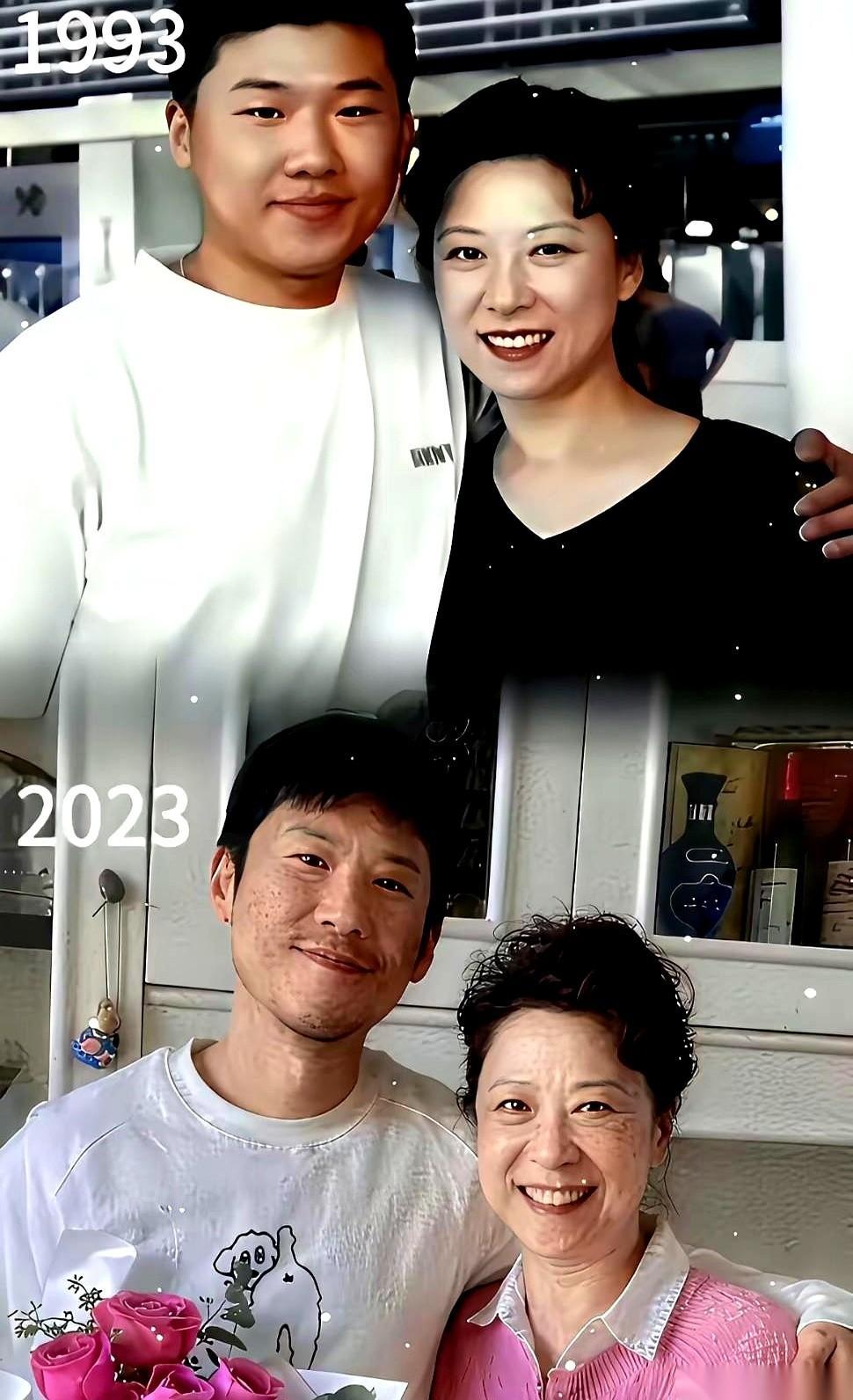 刷到两张照片，直接给我干沉默了。一张，是三十年前。一个风华正茂的女演员，抱着她