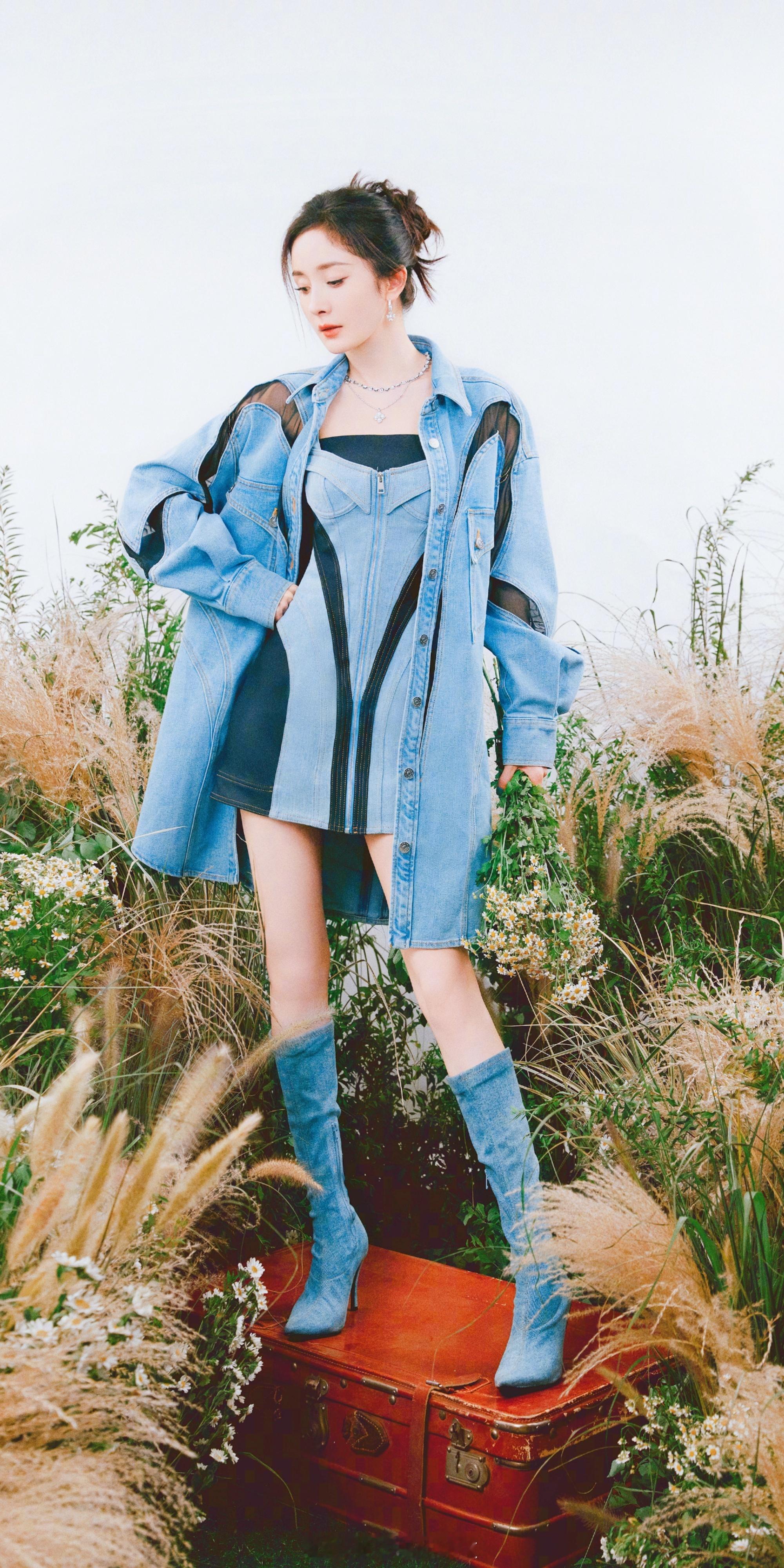 杨幂靛蓝色穿搭美照