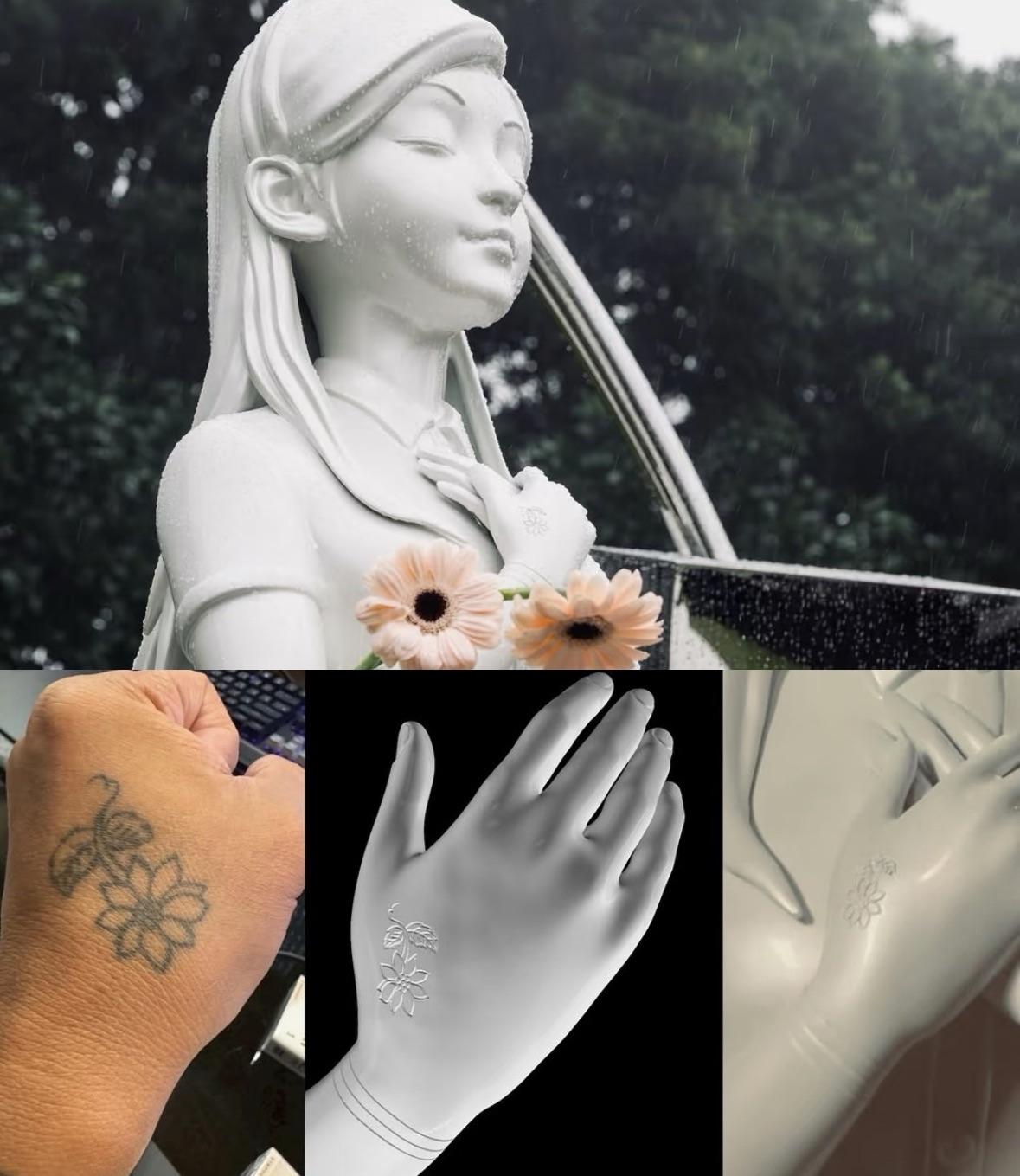 难怪小S看到大S纪念雕像的第一反应是摸摸姐姐的手，原来那上面刻着大S同款花朵刺青