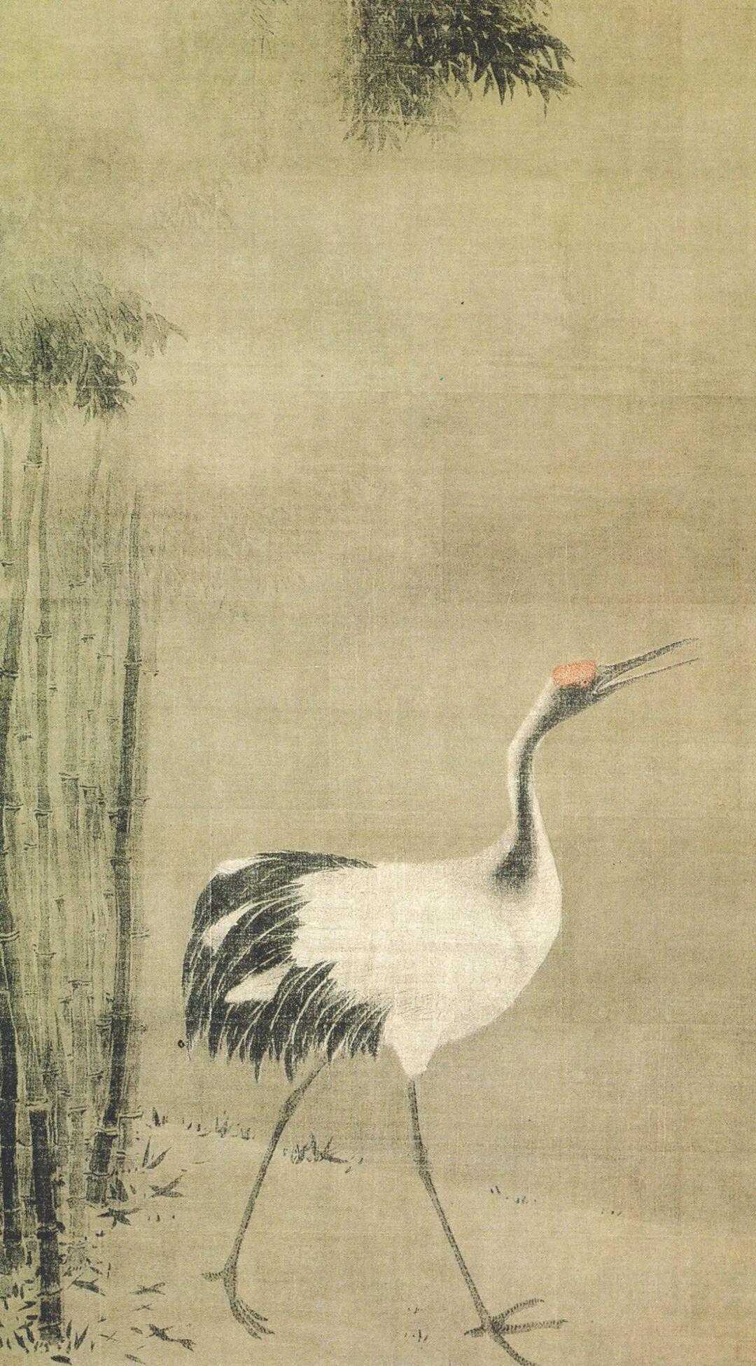 北宋牧溪《竹鹤图》，绢本浅设色，纵173.9厘米、横98.8厘米，现藏于日本京