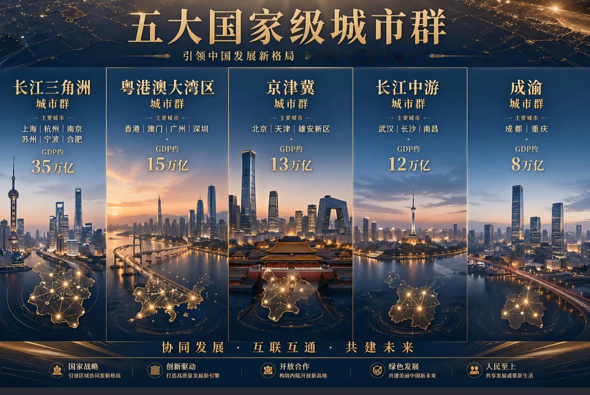 五大国家级城市群1.长江三角洲城市群，经济总量达到35万亿，中国最大的综合性工