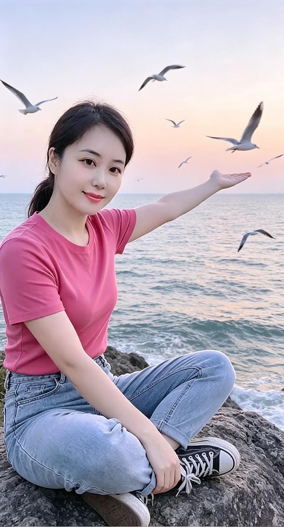 定格海边黄昏瞬间，海鸥穿过粉橘云霞，礁石滩留存温柔暮色傍晚偶然停驻礁石海岸