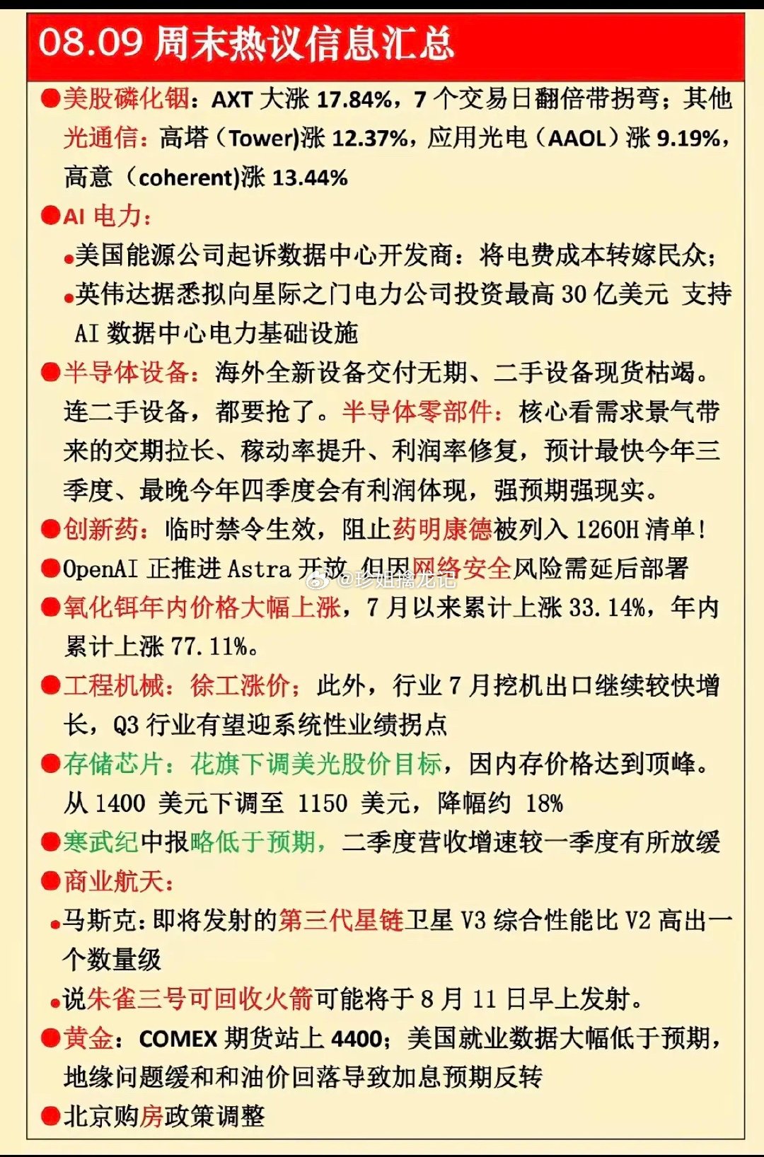 8.09周日周末财经要闻汇总！1.磷化铟2.电力AI3.半导体设备4.创新药