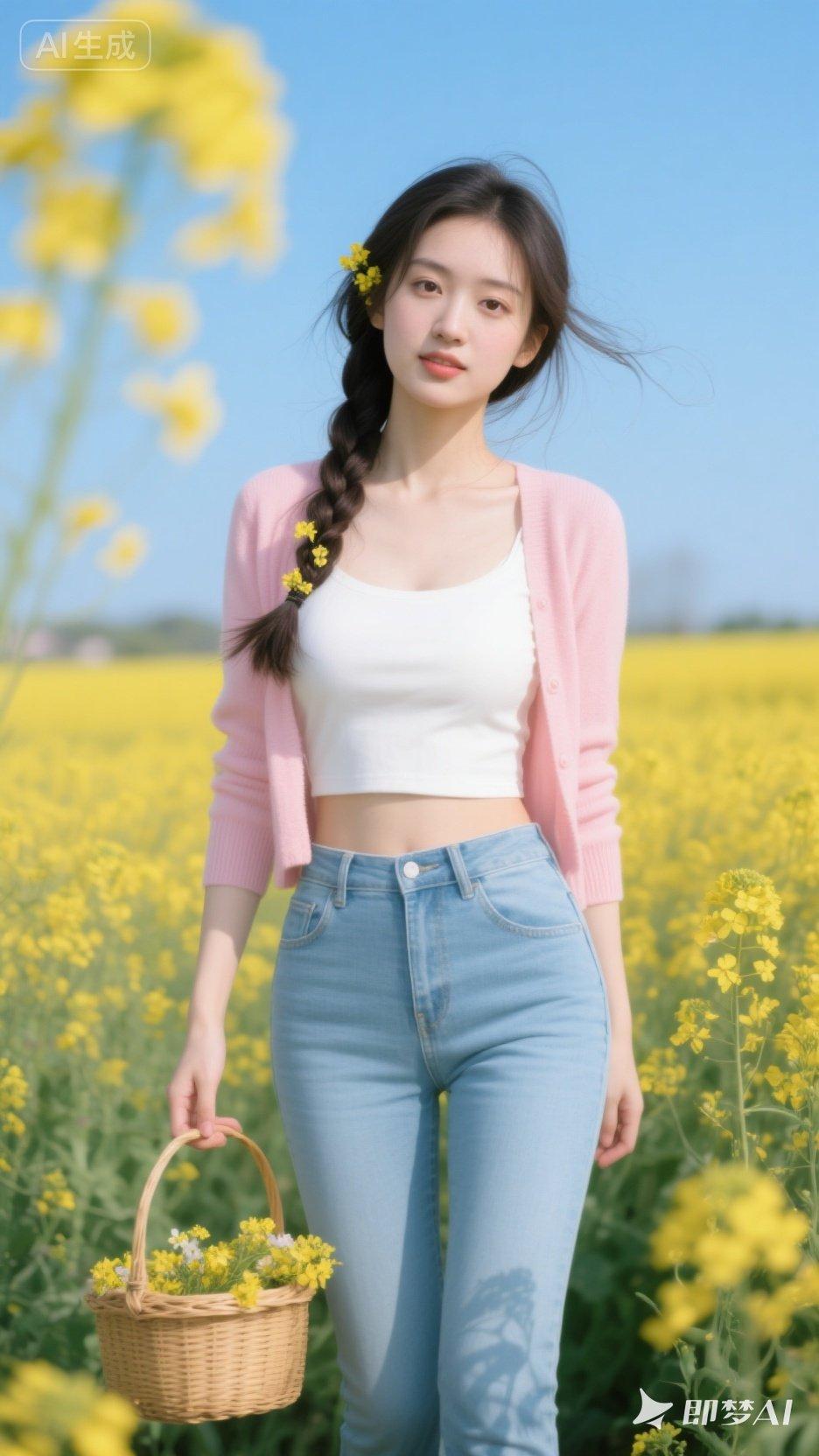 春日野餐指南🌸💐轻盈粉色外套，清新牛仔裤，手提花篮，与自然共舞。