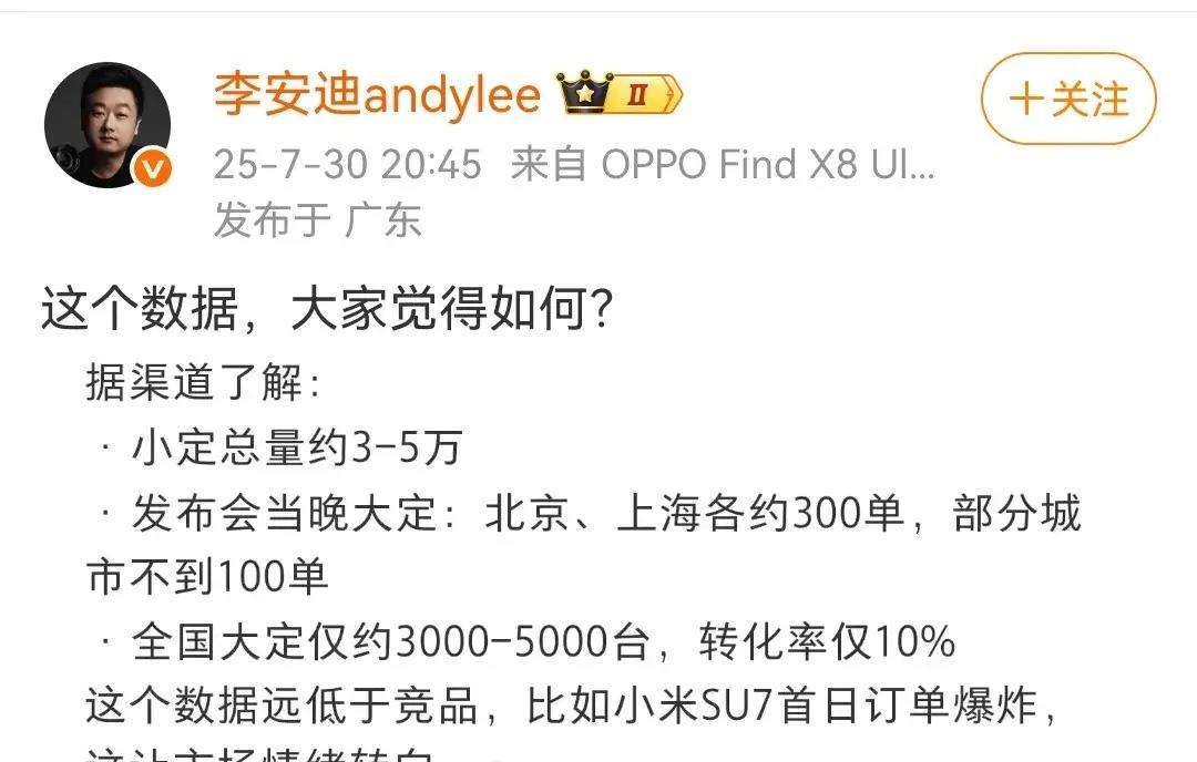 汽车大V透露，这两天新上市的某品牌，大定数量仅为3000～5000辆，这也就小定
