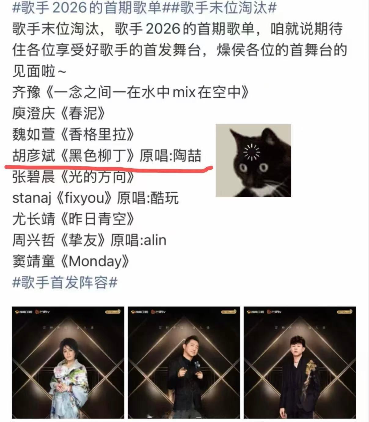 歌手首发阵容那如果胡彦斌老师真的唱《黑色柳丁》的话那这次不要做错饭🍚了哈