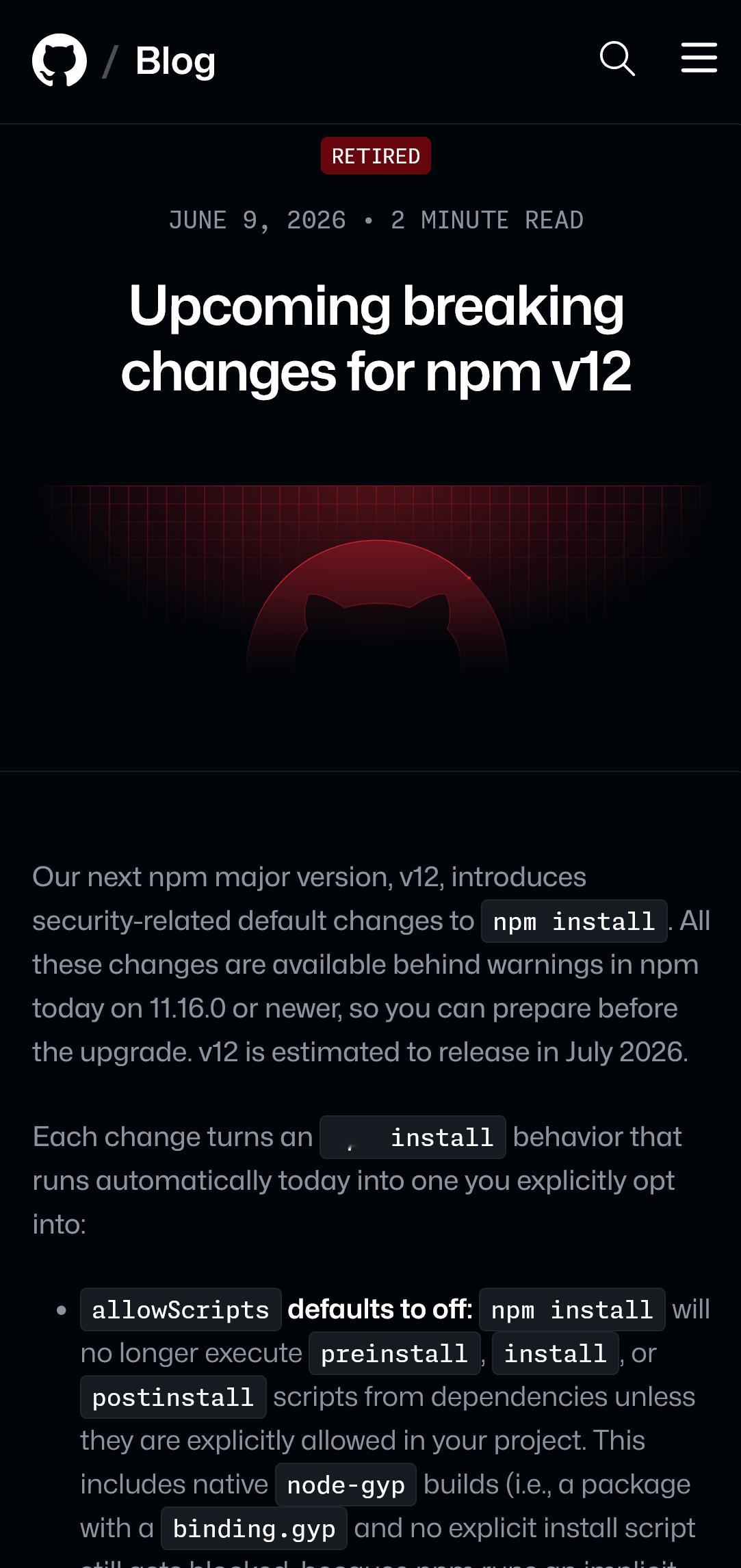 Github官博：npmv12即将引入的重大变更。估计是给近期的供应链攻击搞