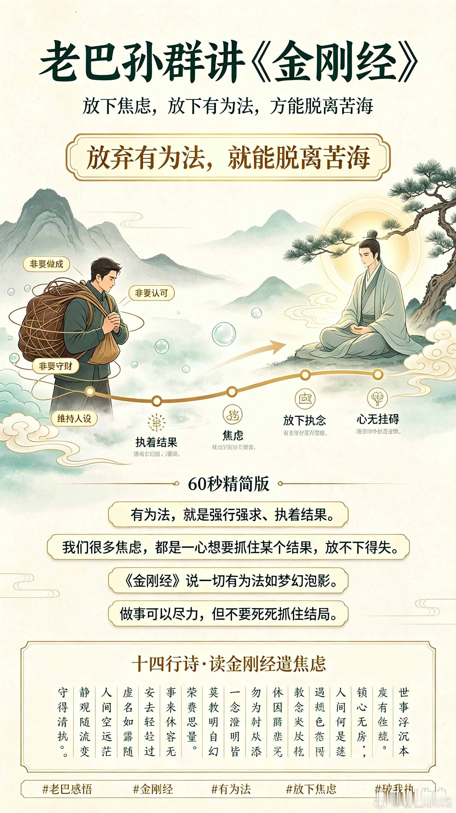 老巴孙群讲，《金刚经》的道理，就是帮人放下焦虑。核心一句话：放弃有为法，就能脱离