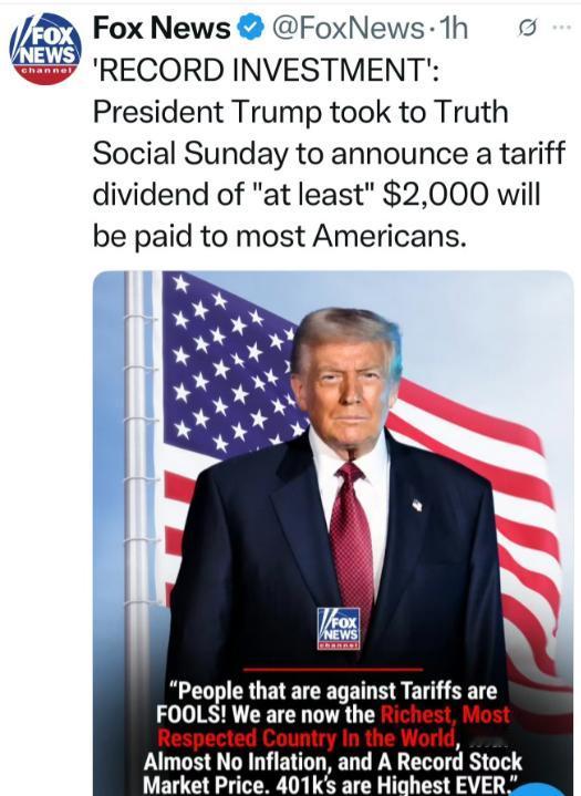 特朗普撒钱了！宣布给每个人发放2000美元，作为关税分红。这不是简单发笔零花