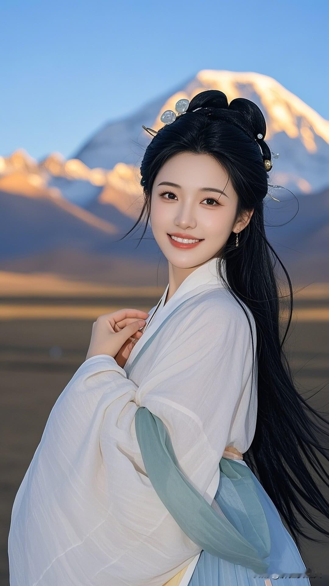 雪山之巅映红霞，汉服佳人笑如花。白衣胜雪舞翩跹，山川美景共她华。发丝随风轻轻