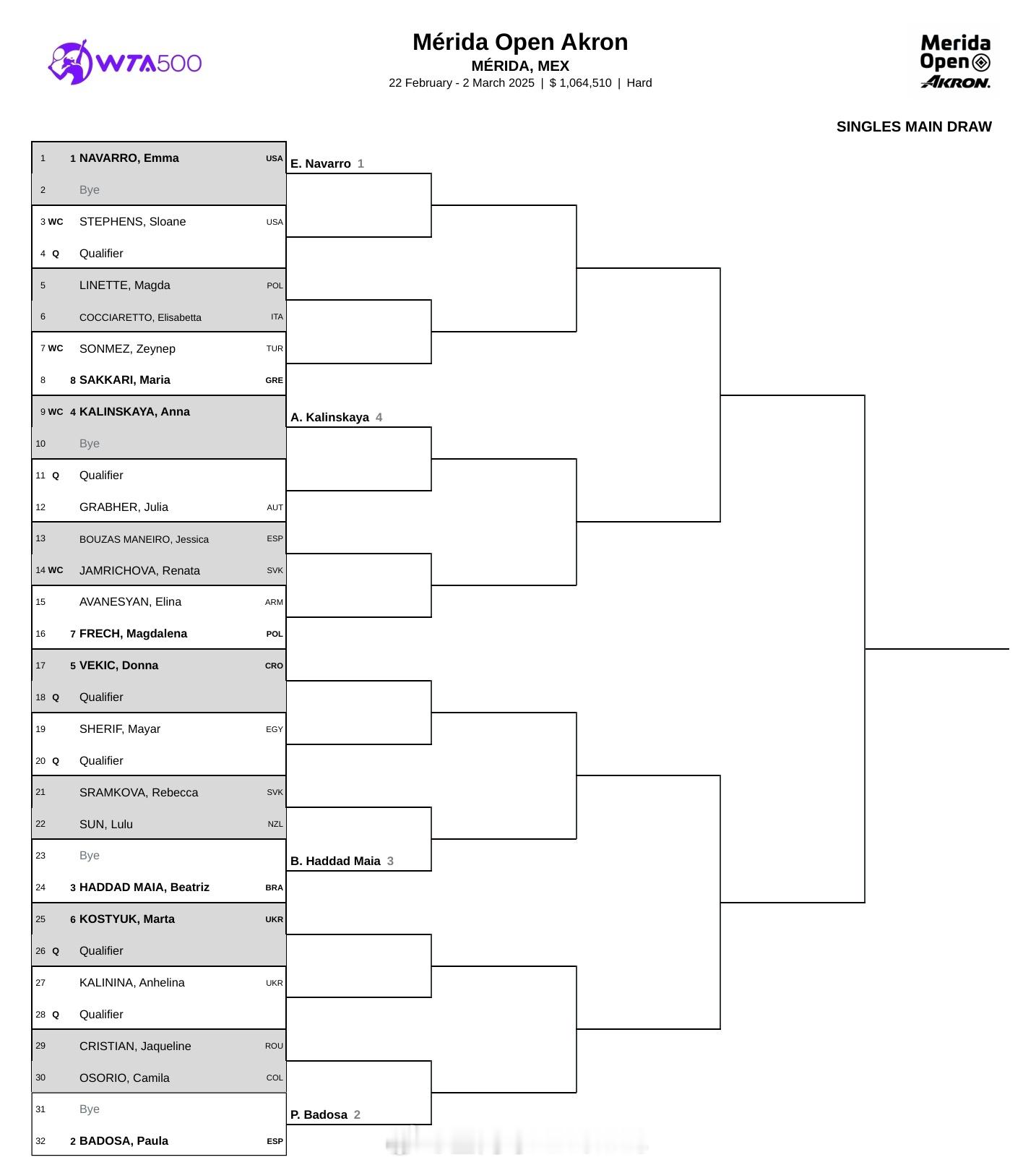 WTA500梅里达站签表纳瓦罗、巴多萨、玛雅和卡林斯卡娅领衔阵容，维