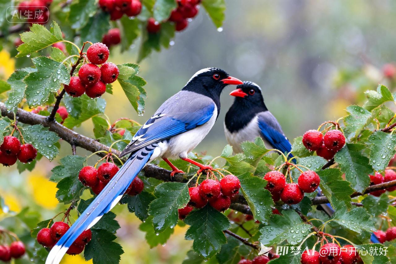 秋日暖阳下，两只鸟儿相依偎，红果满枝头，幸福满满。