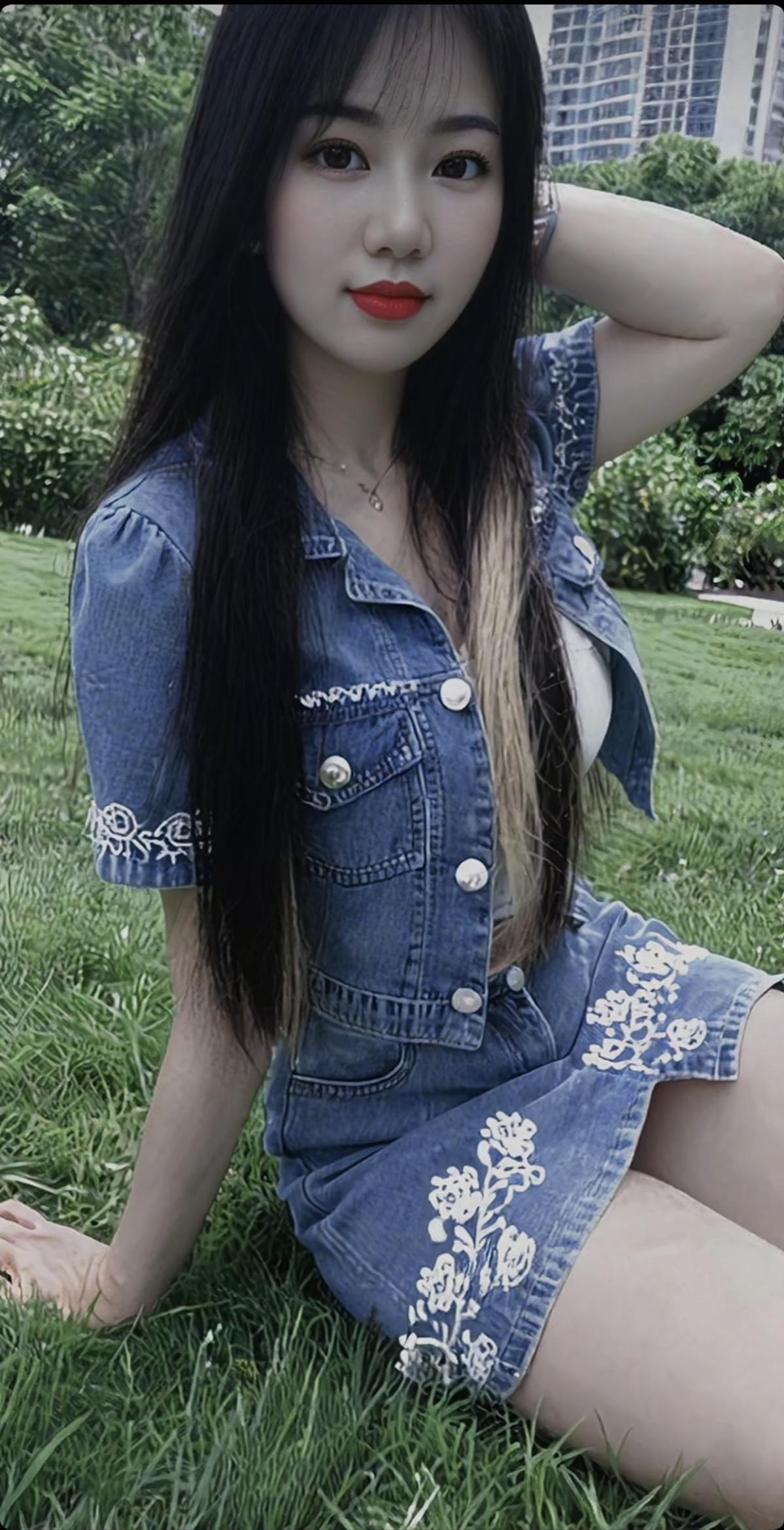 绿意盎然草地间，少女甜美笑靥开。