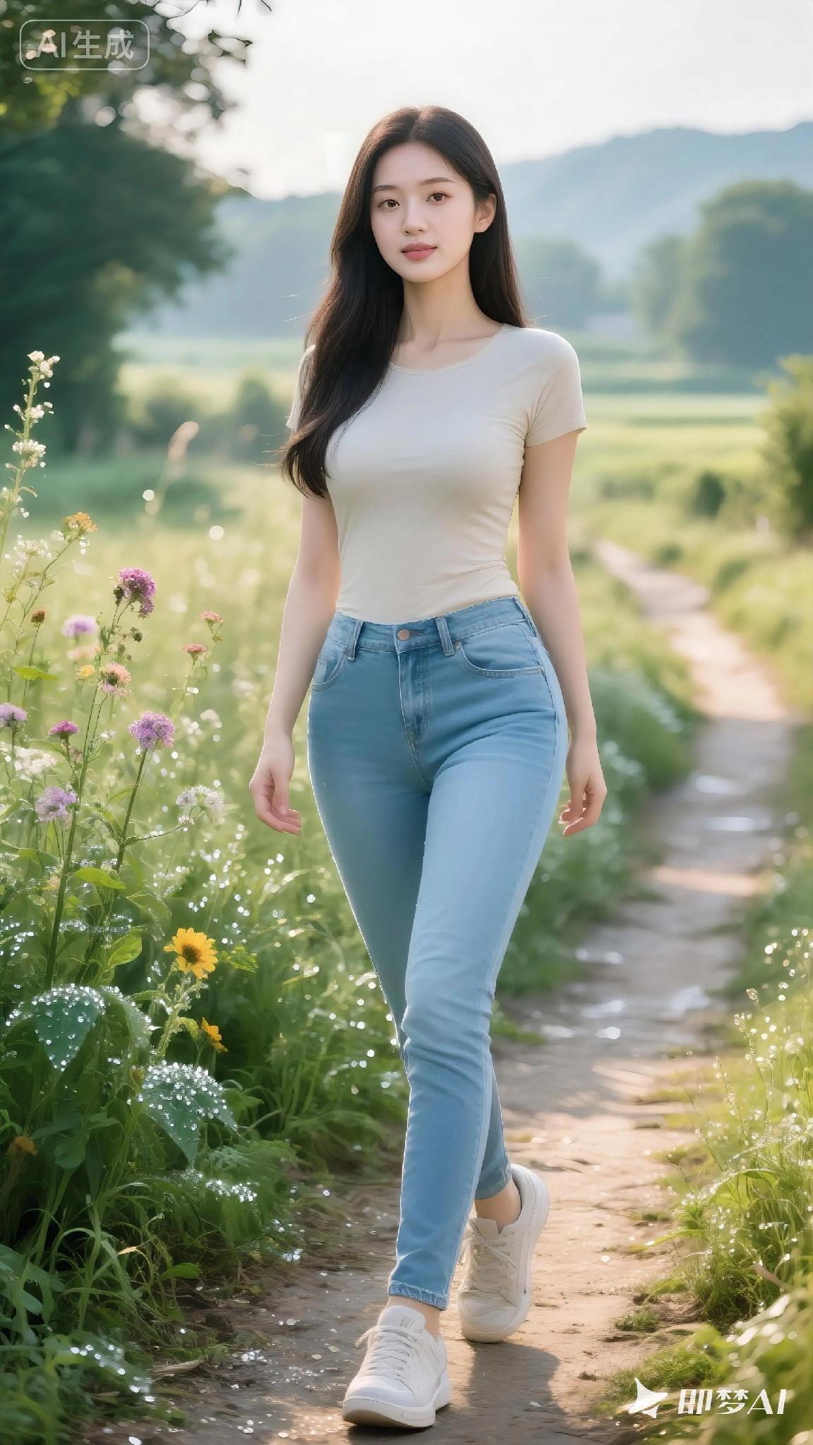 她漫步在花草簇拥的乡间小路上，阳光为她的身影镀上温柔光边。发丝随风轻扬，步伐从容