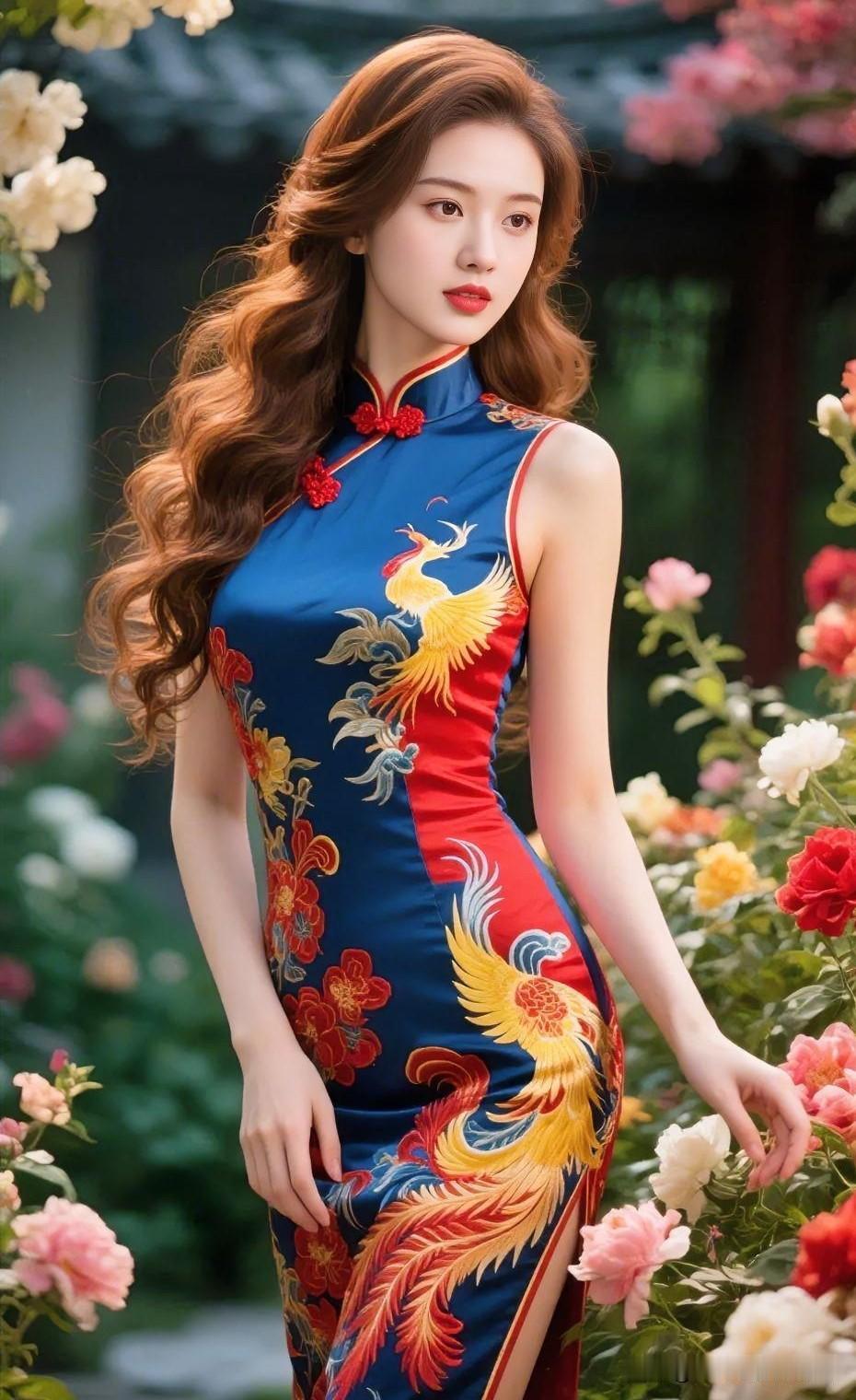 凤凰涅槃，绽放在丝滑的锦缎之上。她长发如瀑，笑意盈盈，漫步于花丛间，将岁月的温柔
