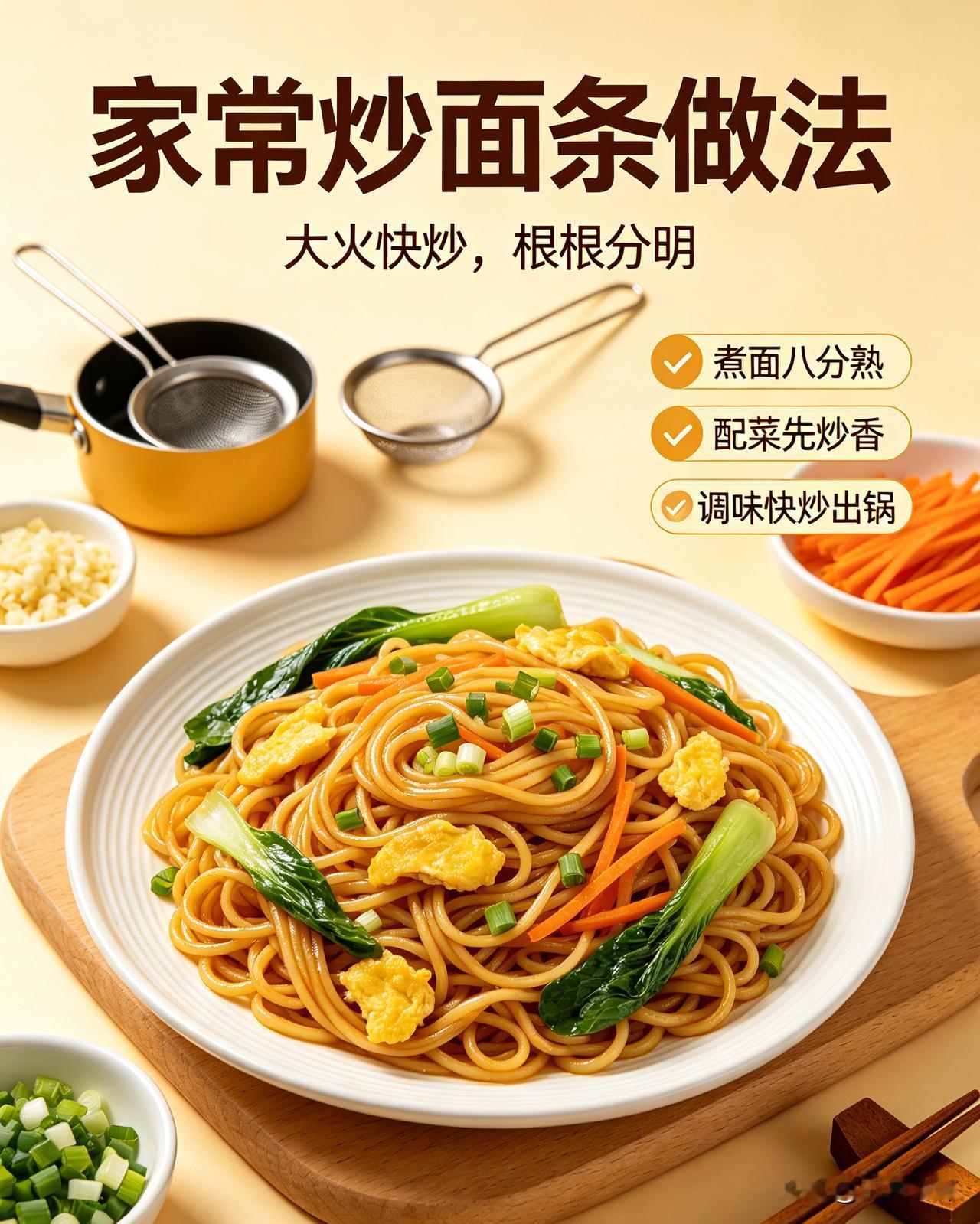 水开下面条，煮至八分熟捞出，过凉水沥干，拌少许食用油防粘。锅中倒油，打入鸡