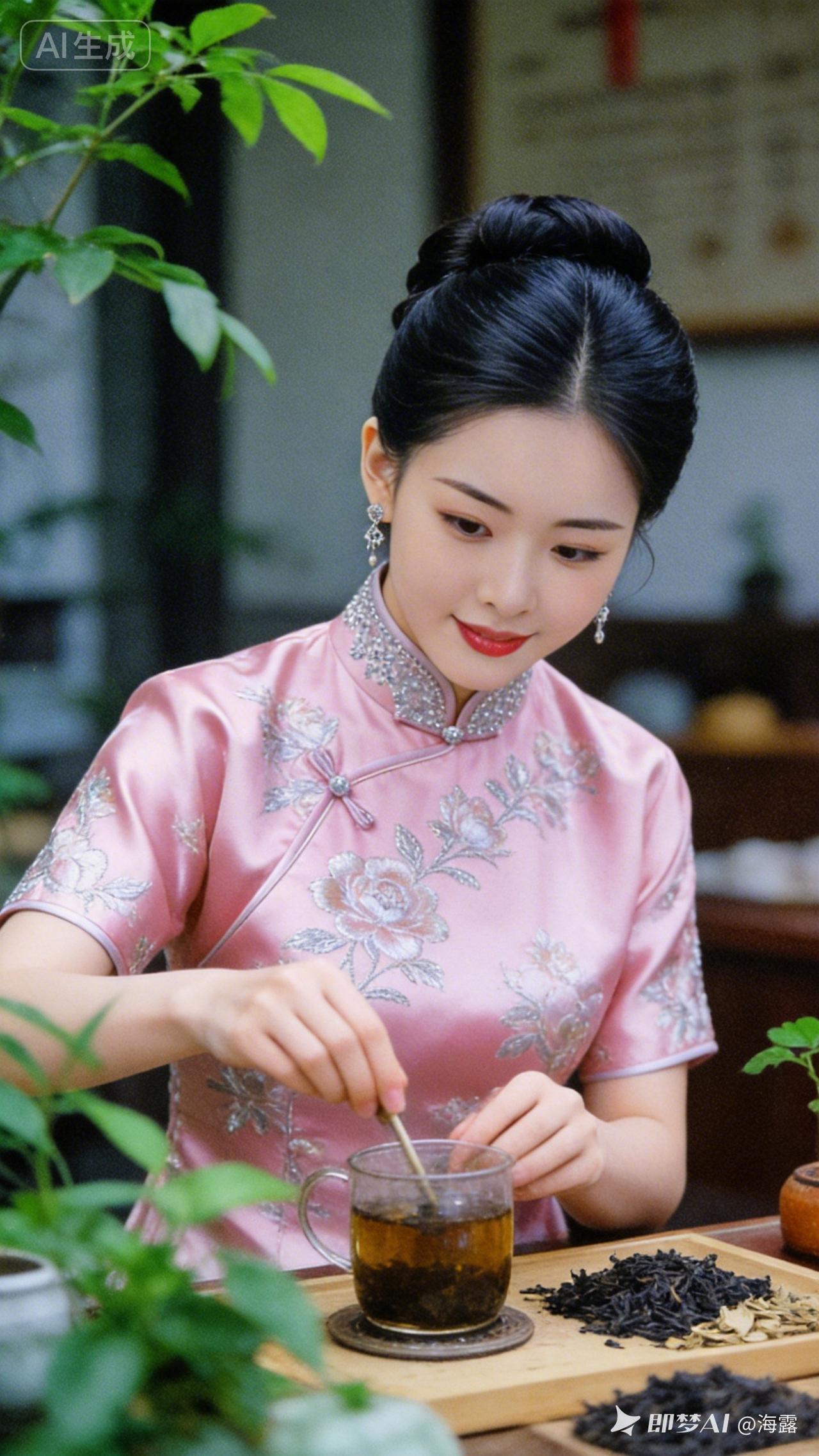 姑娘正用茶漏泡着茶呢。