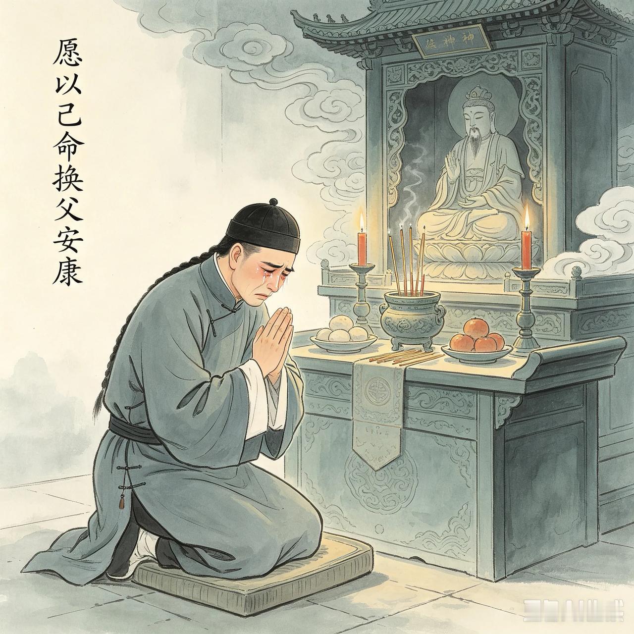 清朝时，苏州长洲顾某因为父亲长期重病，向神明祈祷，愿意用自己的性命代替父亲去死。