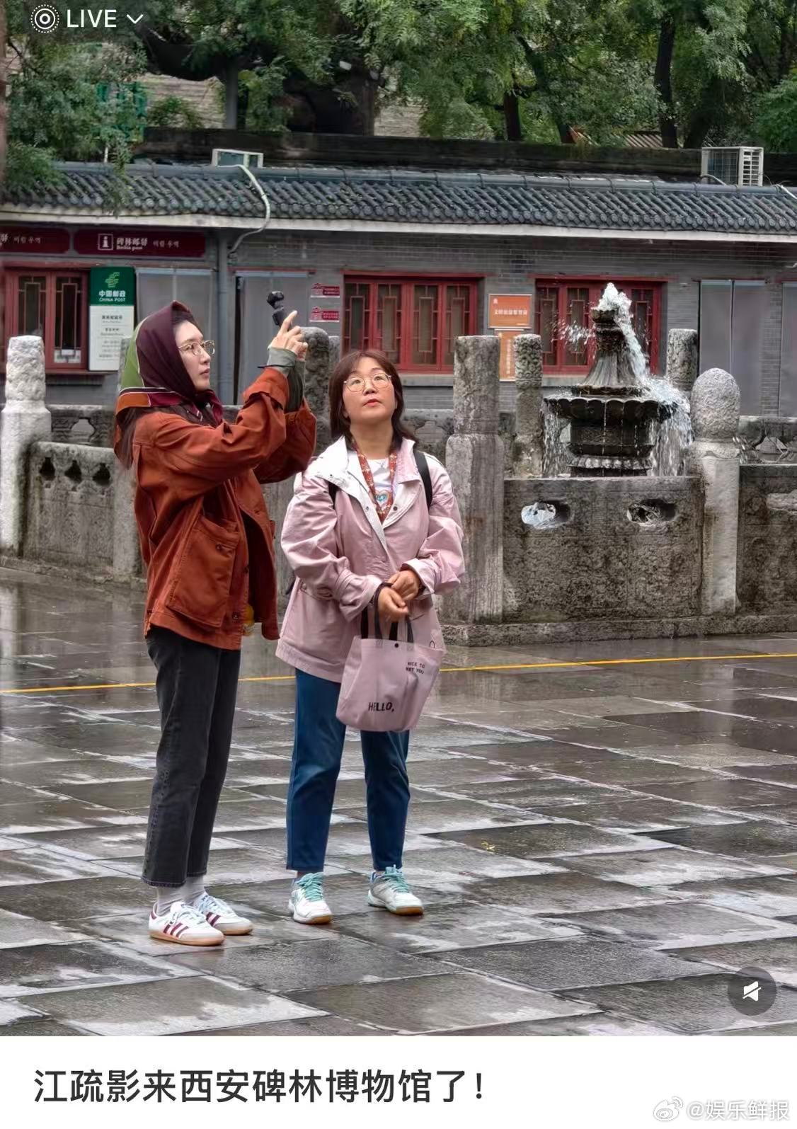 网友西安偶遇江疏影逛碑林博物馆，江疏影手里还拿着GoPro，这是在拍摄vlog吗