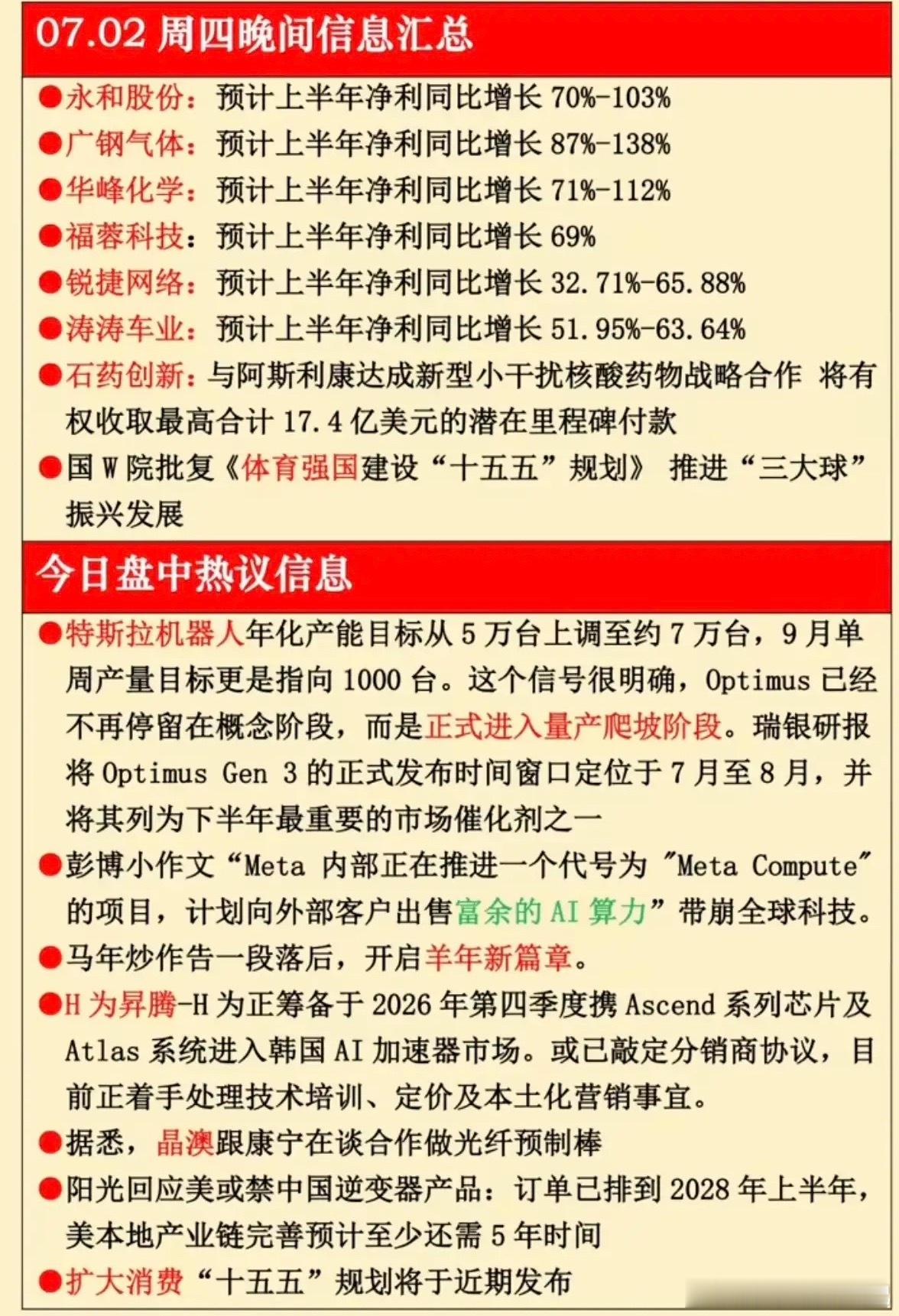 7.02周四晚间：财经热点信息汇总！1.特斯拉机器人2.华为昇腾3.光纤预制